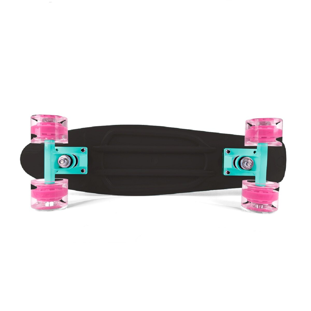 Schwarzes und pinkfarbenes Skateboard, Räder, auf weißem Hintergrund.