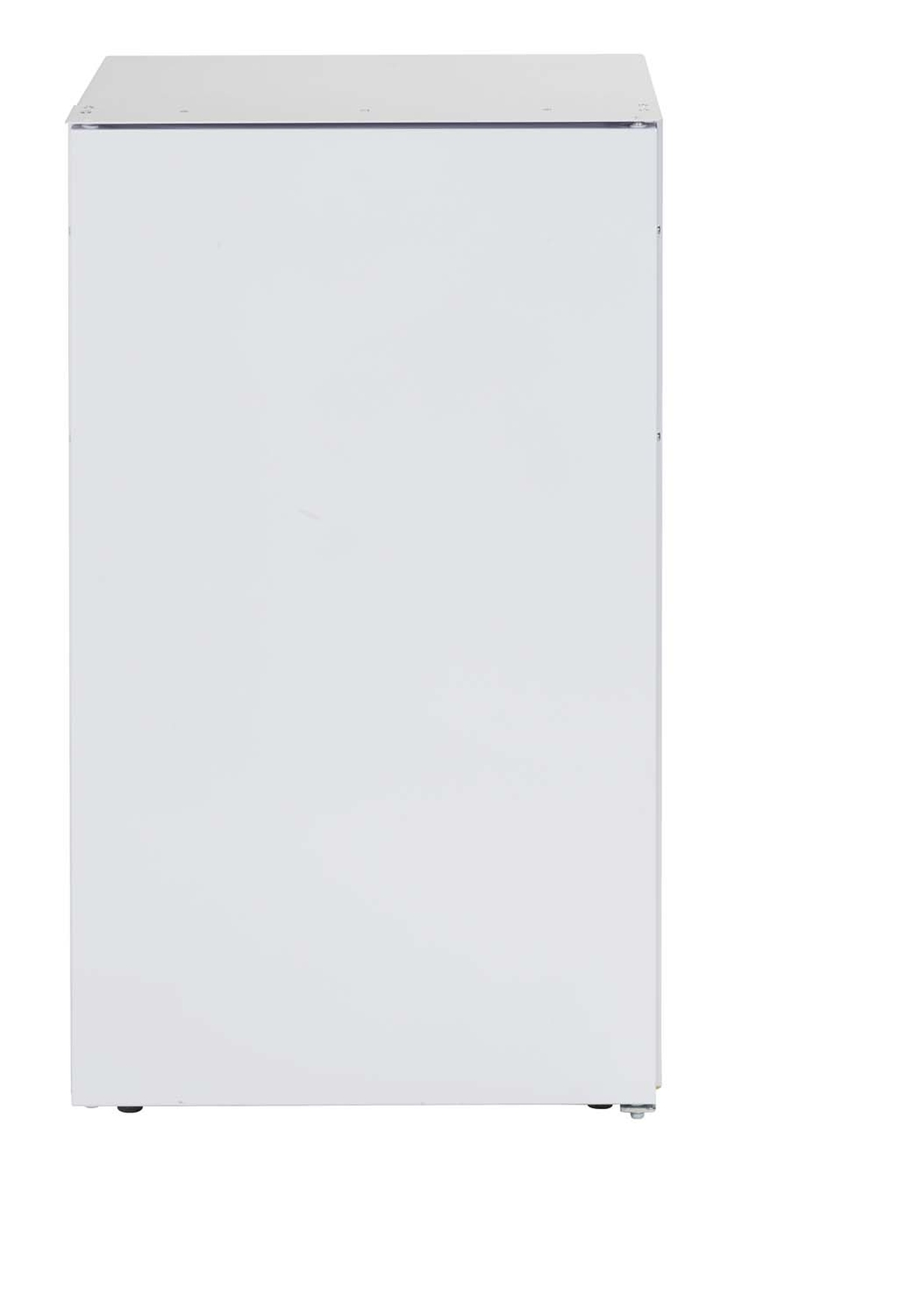 Weißer, rechteckiger Kühlschrank oder Schrank mit schlichtem Design, von der Seite gesehen.