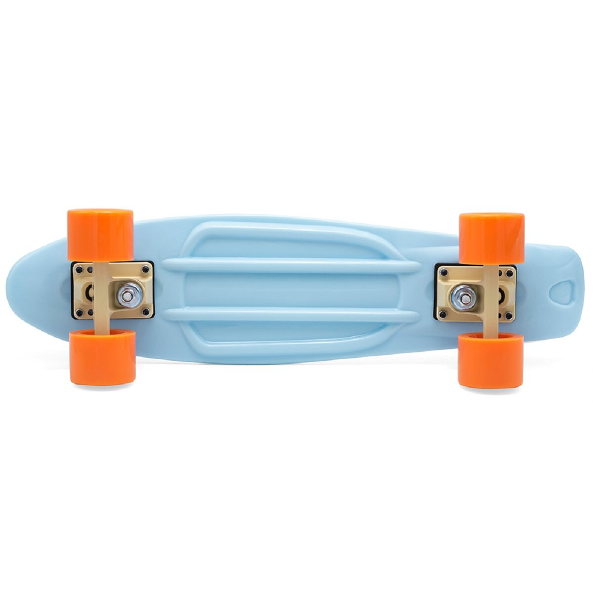 Ein blaues Skateboard mit orangefarbenen Rädern, von oben gesehen, vor weißem Hintergrund.