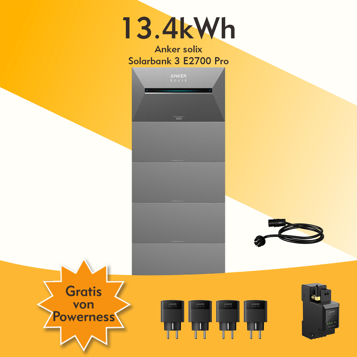 Werbung für Anker Solix Solaranlage. Enthält ein großes Gerät, Zubehör und Text.