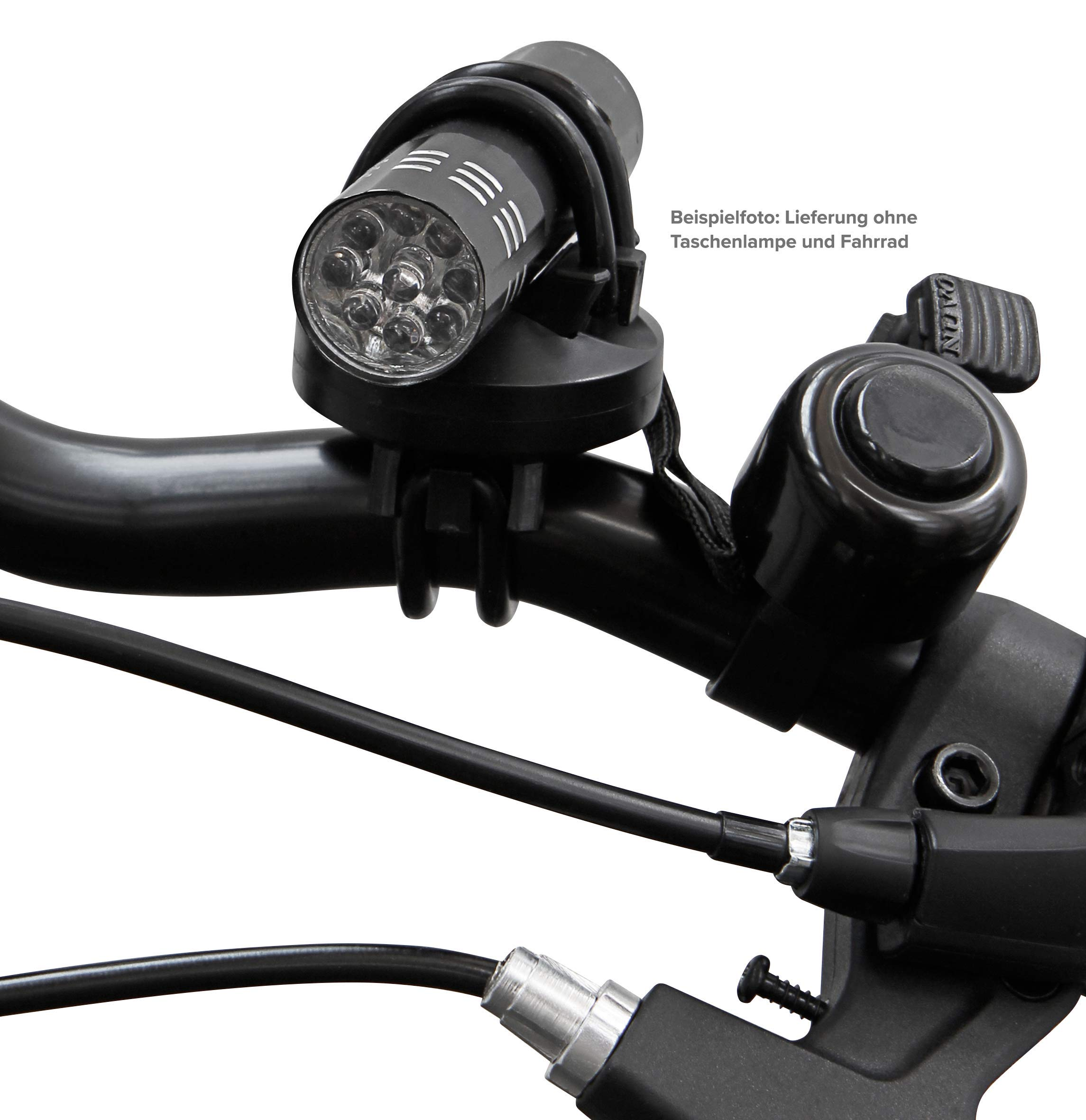 Fahrradlenker mit Licht und Klingel. Der Hintergrund ist schlicht.