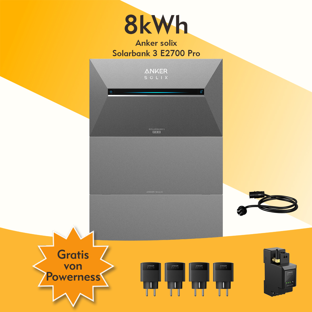 Graues Anker Solix mit Netzadaptern, Netzkabel und einem Gratis-Label.