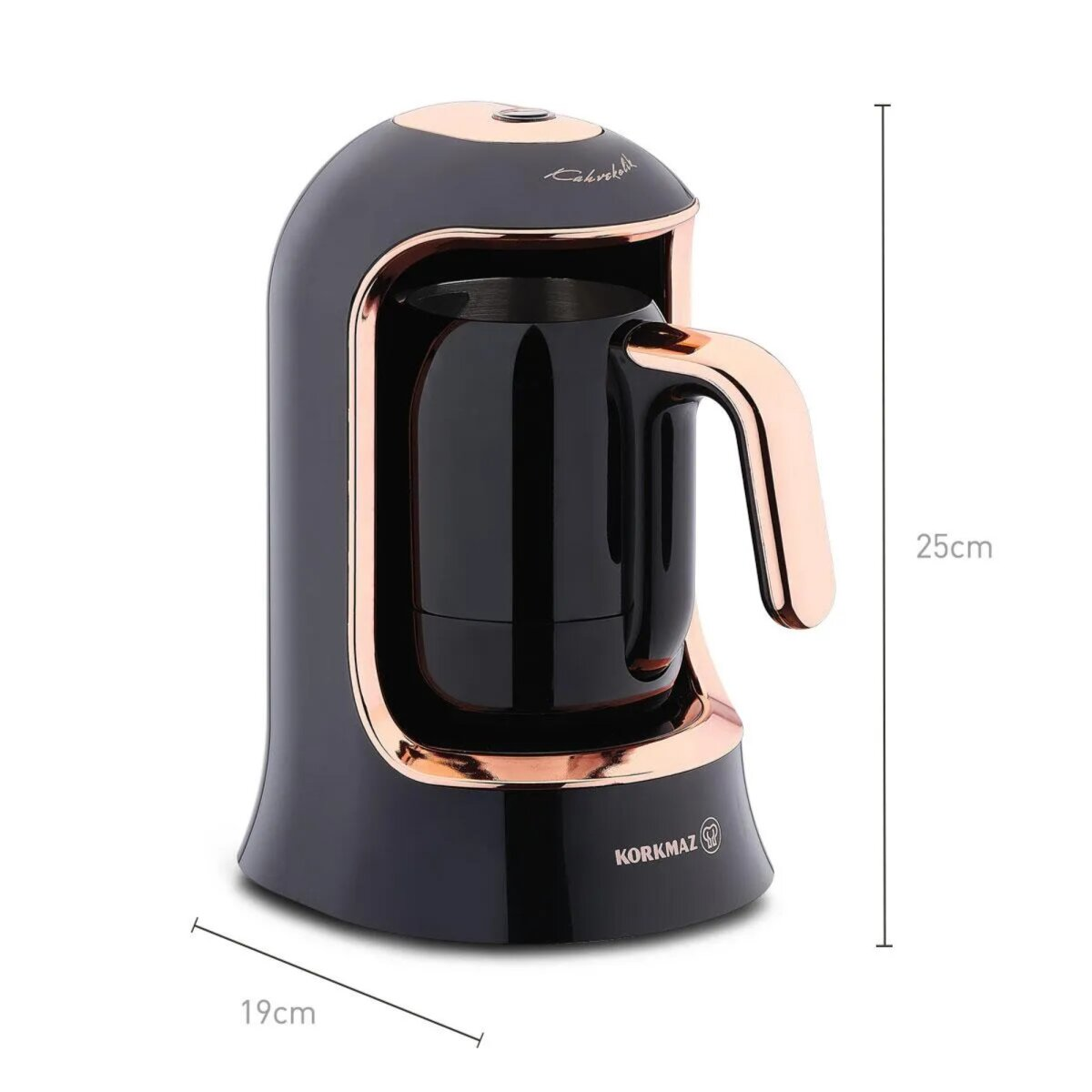 Ein türkischer Kaffeeautomaten in Schwarz und Kupfer mit Abmessungen, auf weißem Hintergrund.
