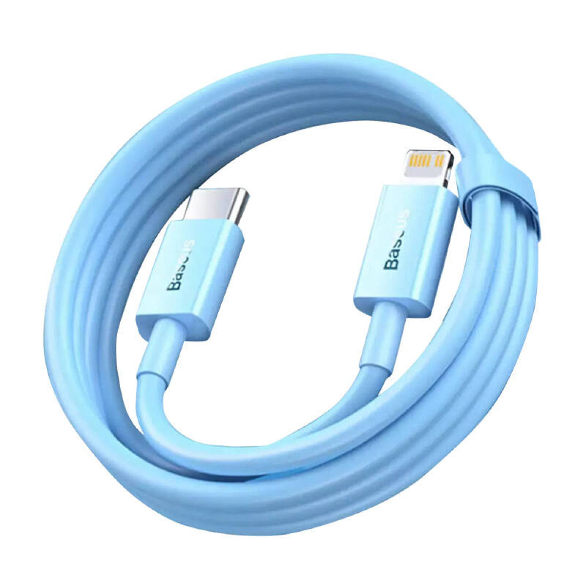 Ein hellblaues Ladekabel mit USB-C- und Lightning-Anschluss, mit dem Baseus-Logo darauf.
