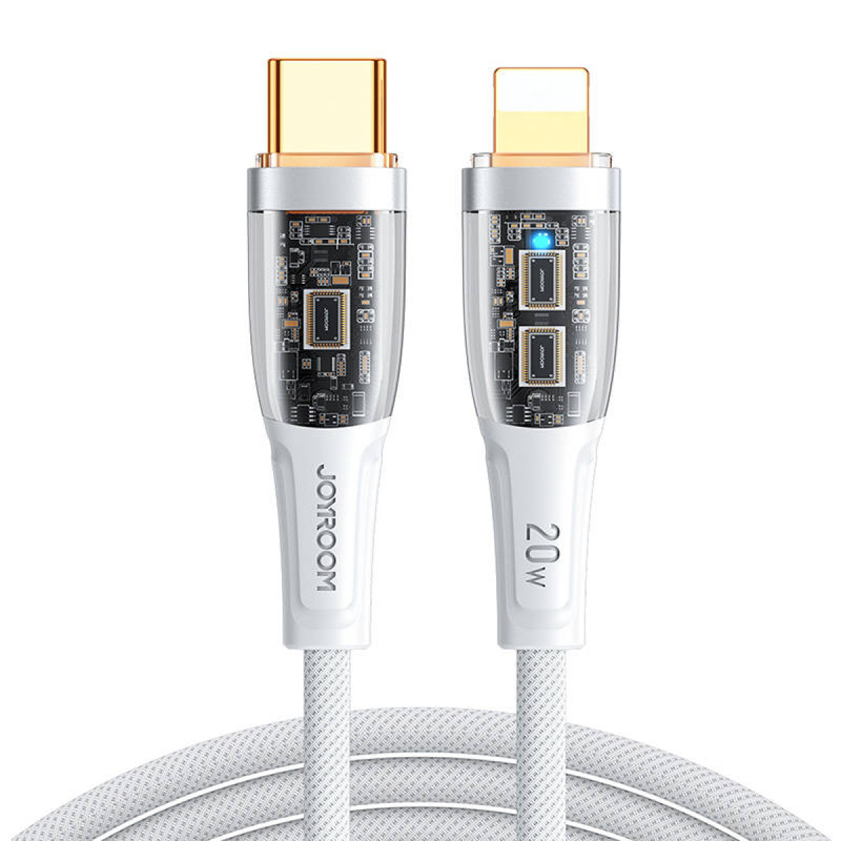 Dwa kable ładujące, marki Joyroom. Oba mają złącze USB-C i Lightning.