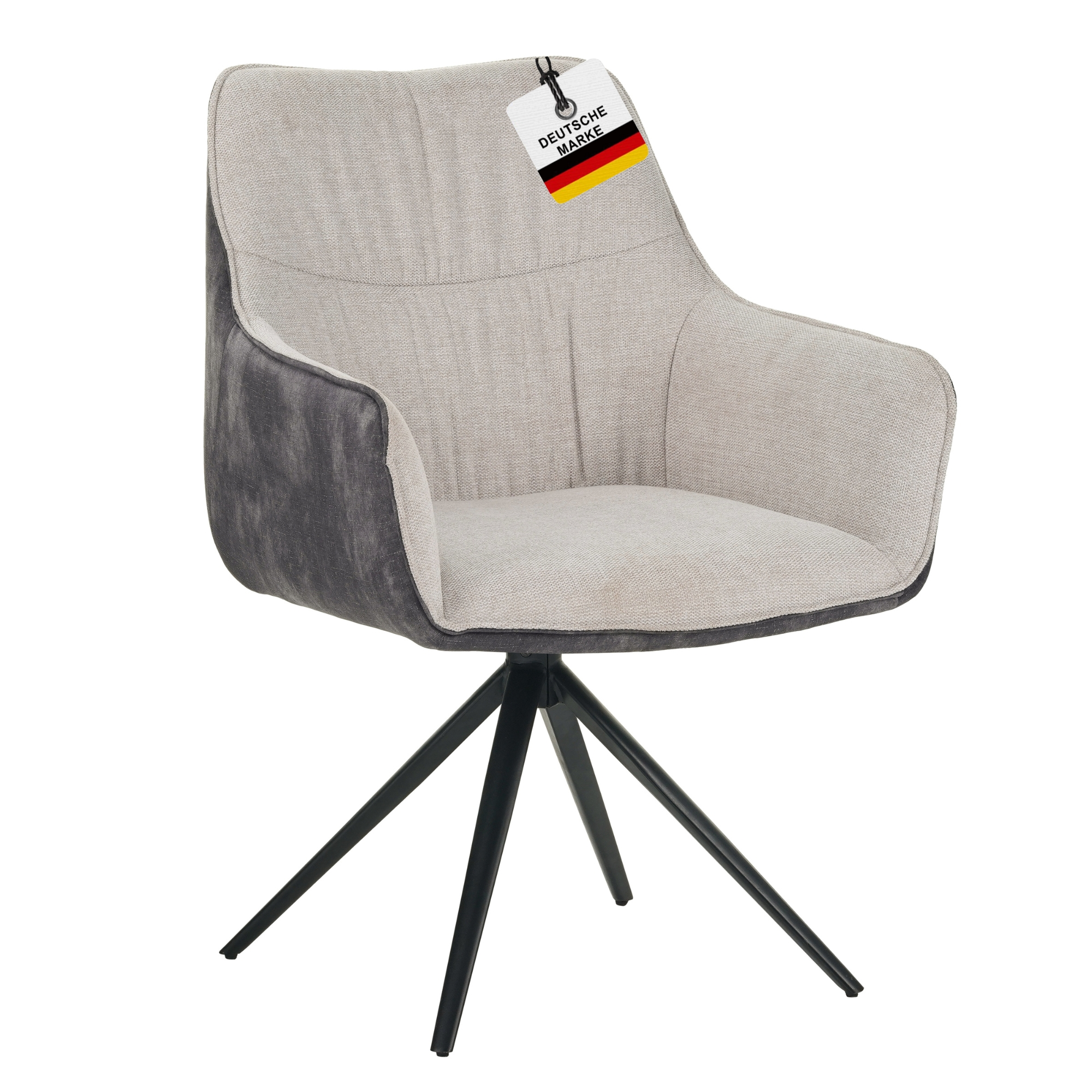 Ein moderner Drehstuhl. Er hat einen hellgrauen Sitz und eine dunkelgraue Rückenlehne. Das Gestell ist schwarz mit fünf Beinen.