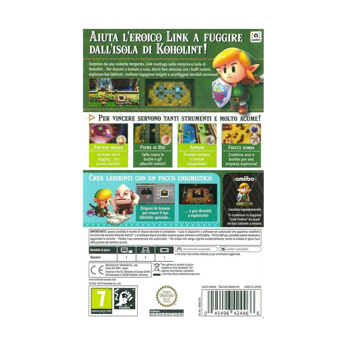 Artwork della confezione di gioco per un gioco per Nintendo Switch. Testo: Aiuta Link a fuggire dall'isola di Koholint!