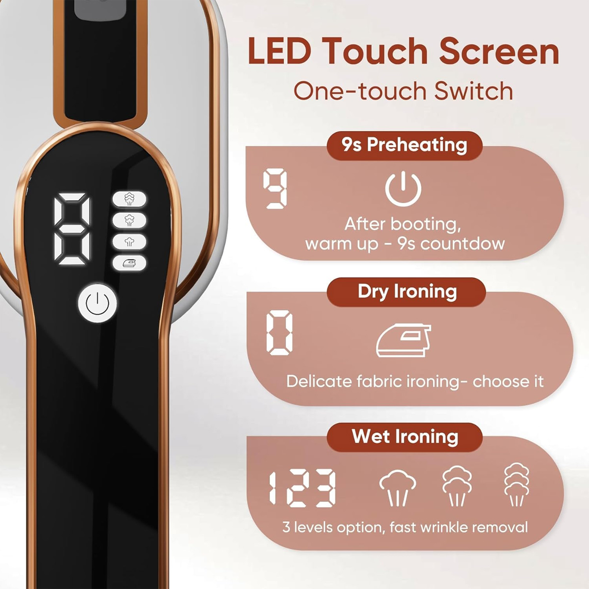 Nahaufnahme des Bügeleisen-Touchscreens mit Einstellungen: 9s Vorheizen, Trockenbügeln und Nassbügeln.