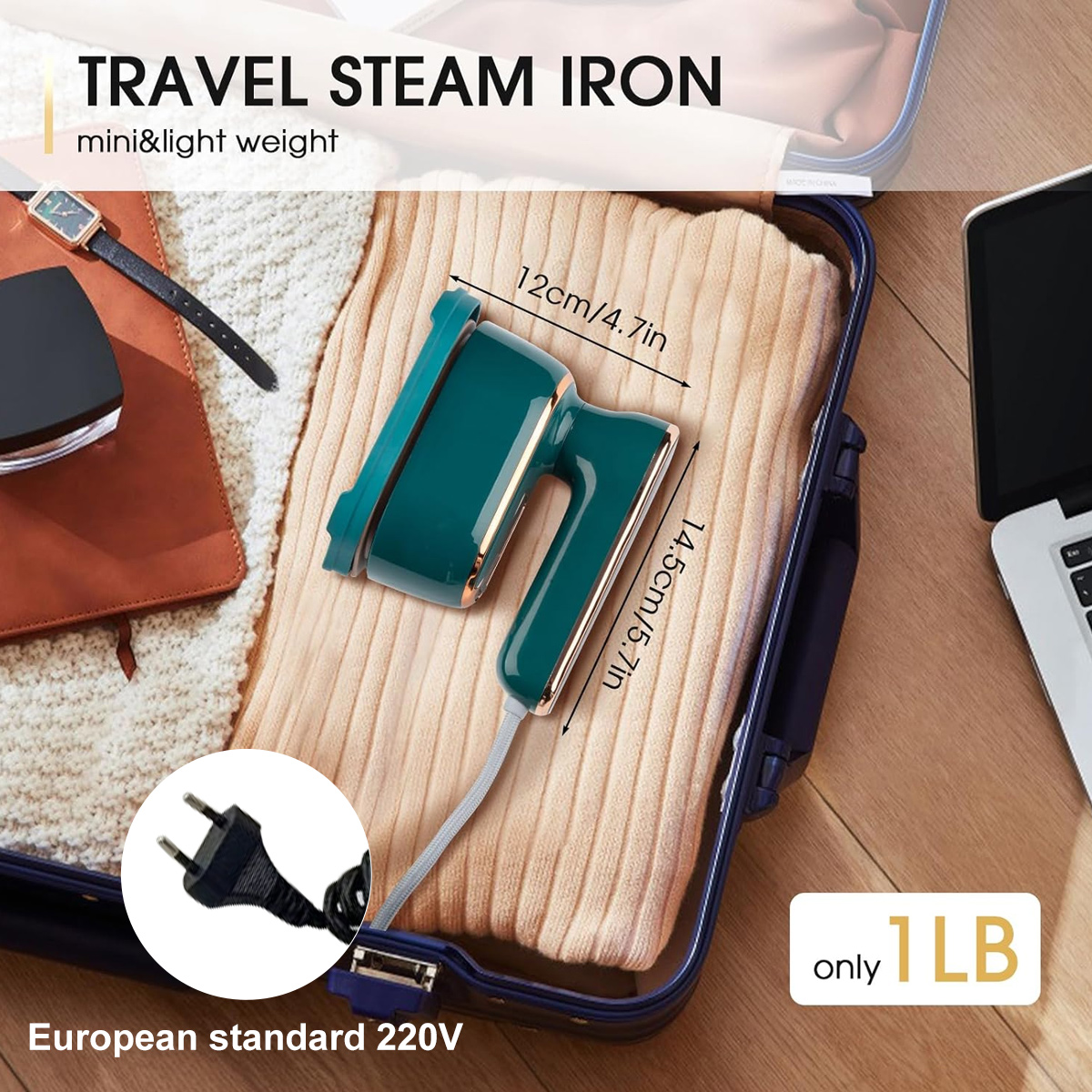 Ein Reise-Dampfbügeleisen in einem türkisfarbenen Koffer, mit Abmessungen und einem sichtbaren europäischen Stecker. Mini und leicht.