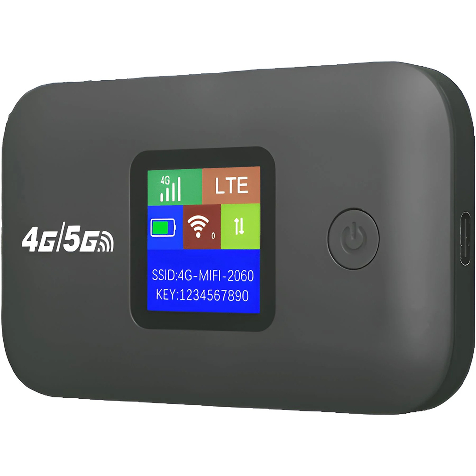 Schwarzer mobiler 4G/5G-WLAN-Router mit Display, das Signal, WLAN und Schlüssel anzeigt.
