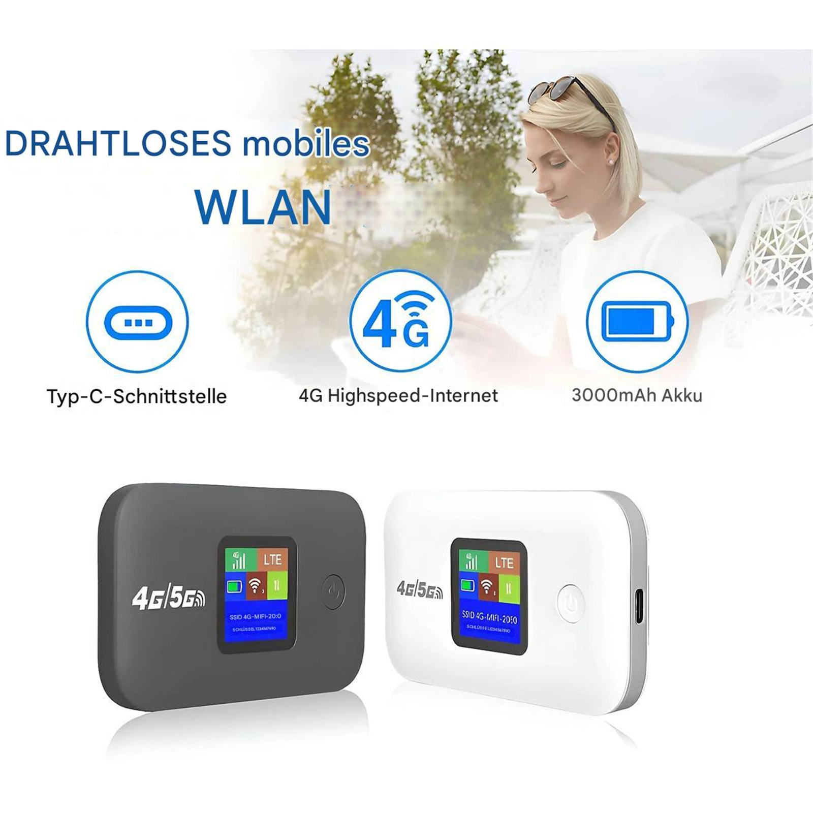 Zwei schwarz-weiße mobile WLAN-Geräte. Eine Frau benutzt im Hintergrund ein Telefon.