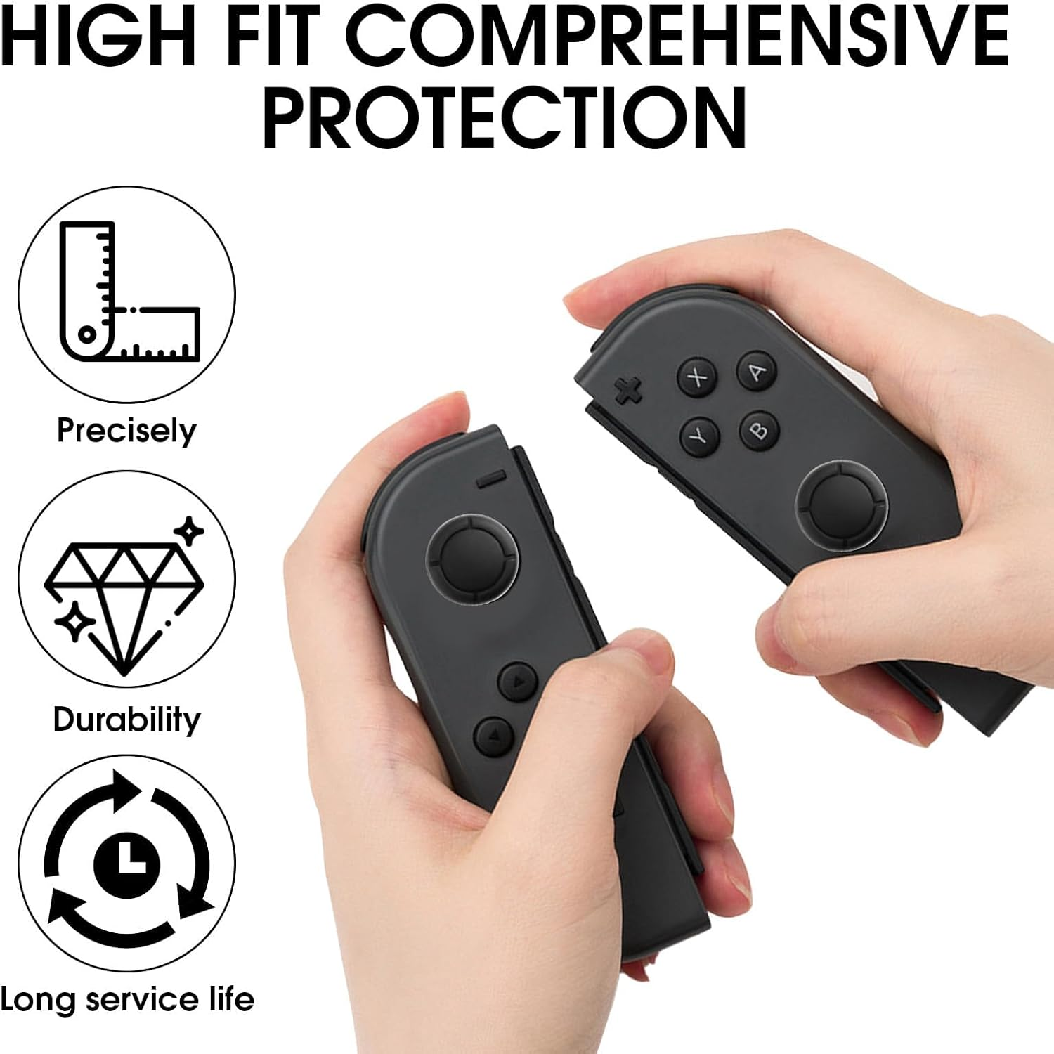 Bild zeigt Gamepad-Controller und Symbole mit Text: Präzise, Haltbarkeit, lange Lebensdauer.