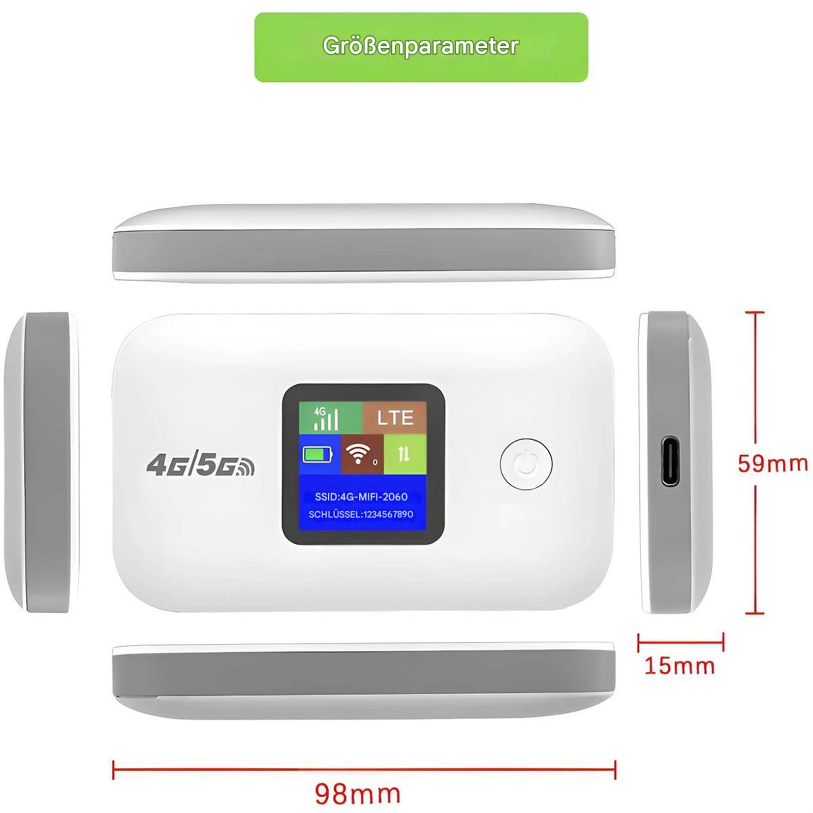Weißes und graues 4G/5G MiFi-Gerät mit Bildschirm, Maße gezeigt. Oben Text: Großenparameter.