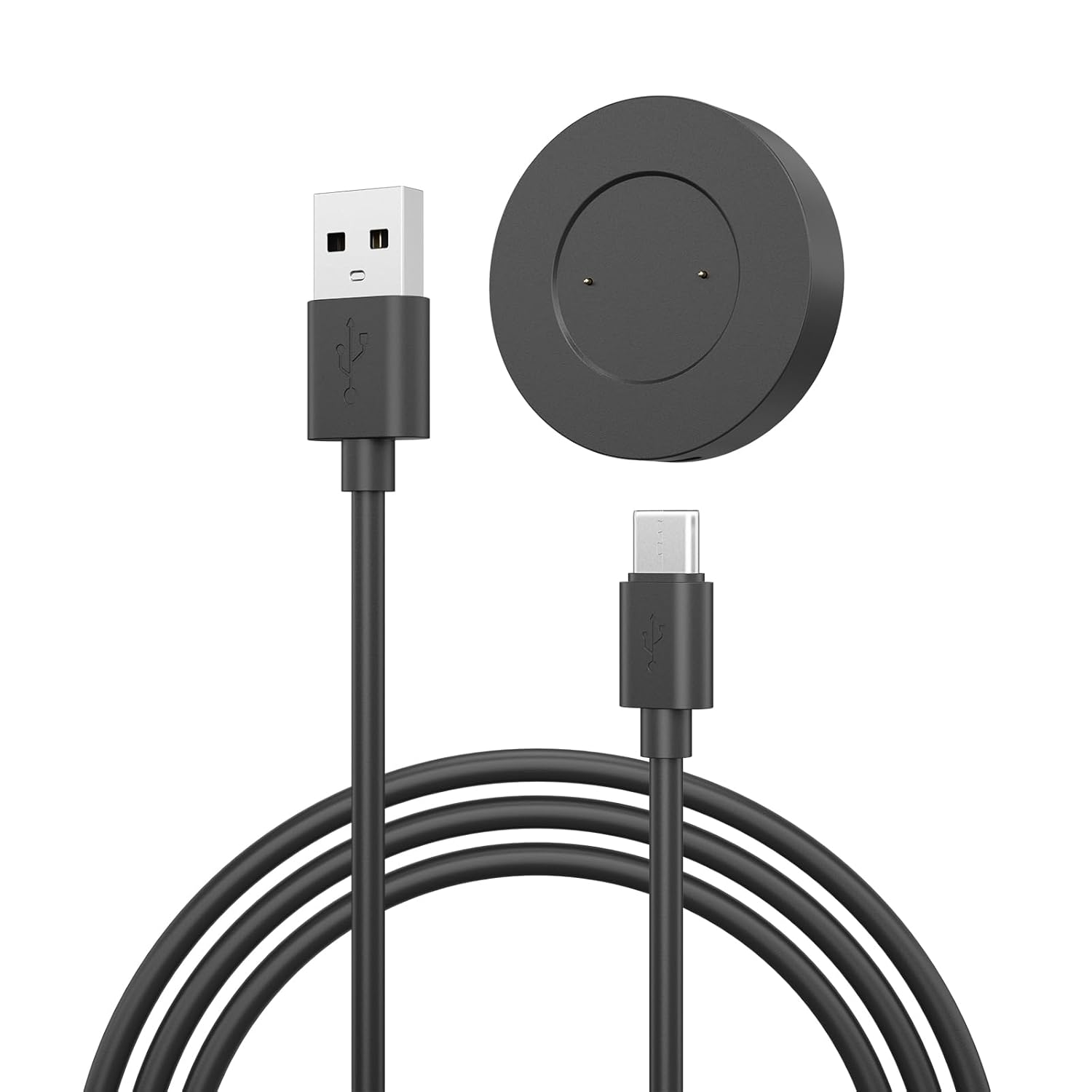 Ein schwarzes USB-Ladekabel mit USB-Anschluss und ein kreisförmiges Ladegerät für eine Smartwatch, vor weißem Hintergrund.