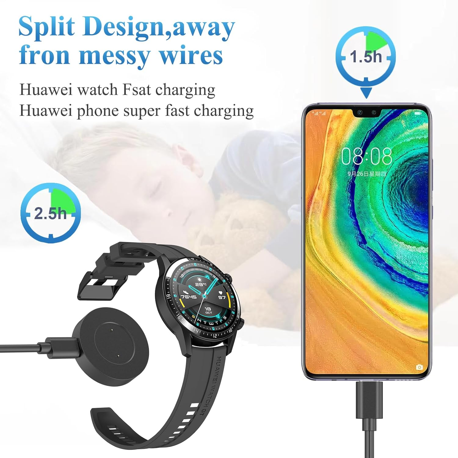 Smartphone und Smartwatch mit Ladegerät, schnelles Laden, Person schläft.