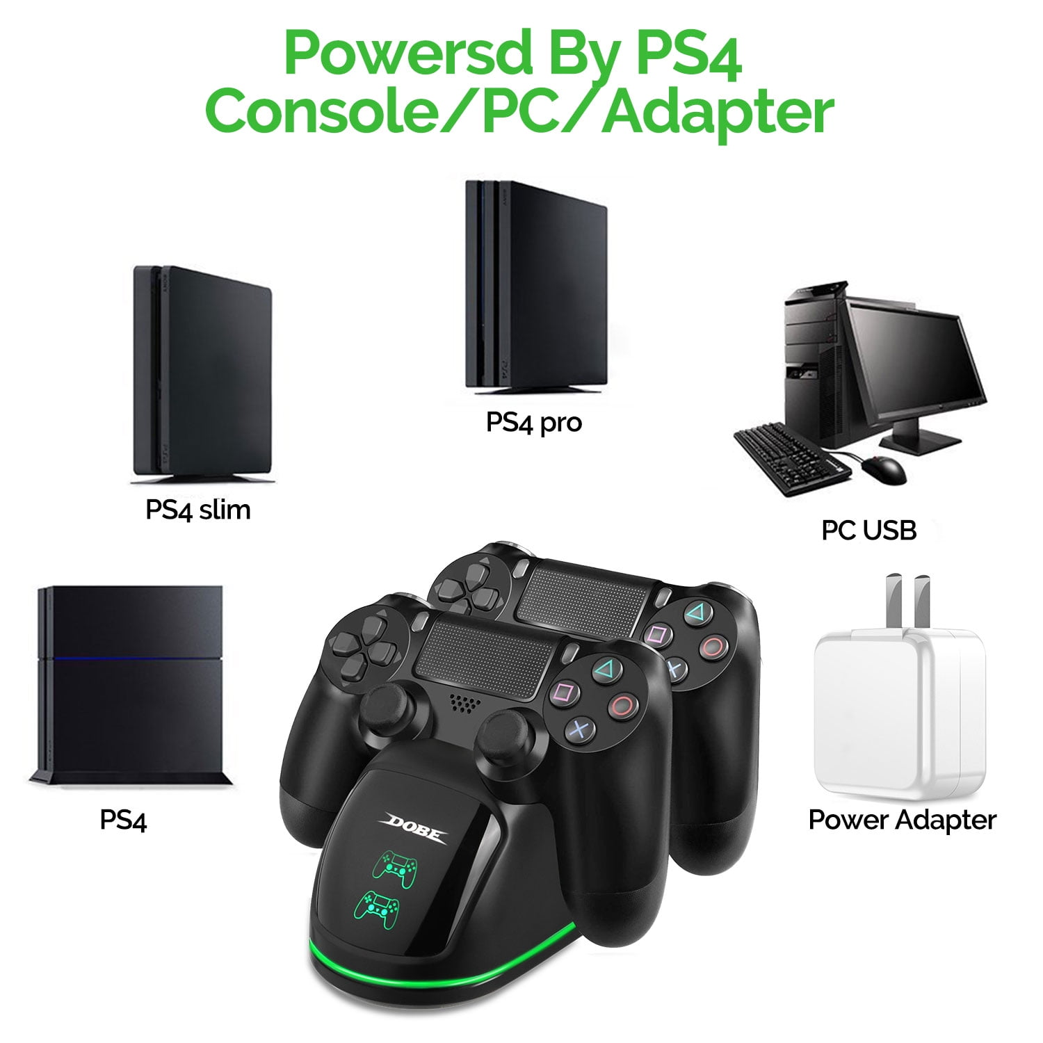 Eine PS4-Controller-Ladestation mit Konsolen und Adapter sowie zwei Controllern auf weißem Hintergrund.