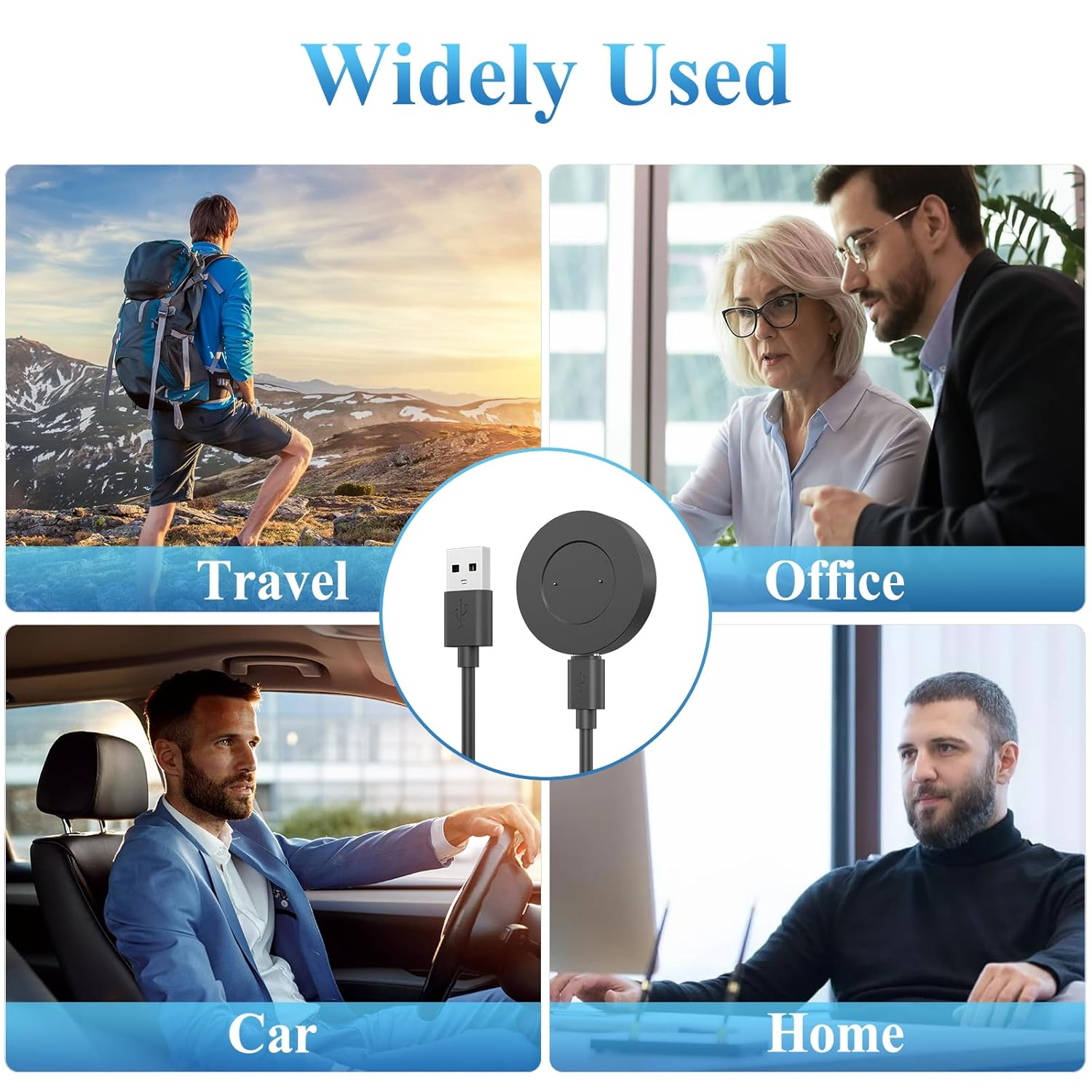 Ladestation mit USB-Kabel, gezeigt in Reise-, Büro-, Auto- und Heim-Umgebungen.