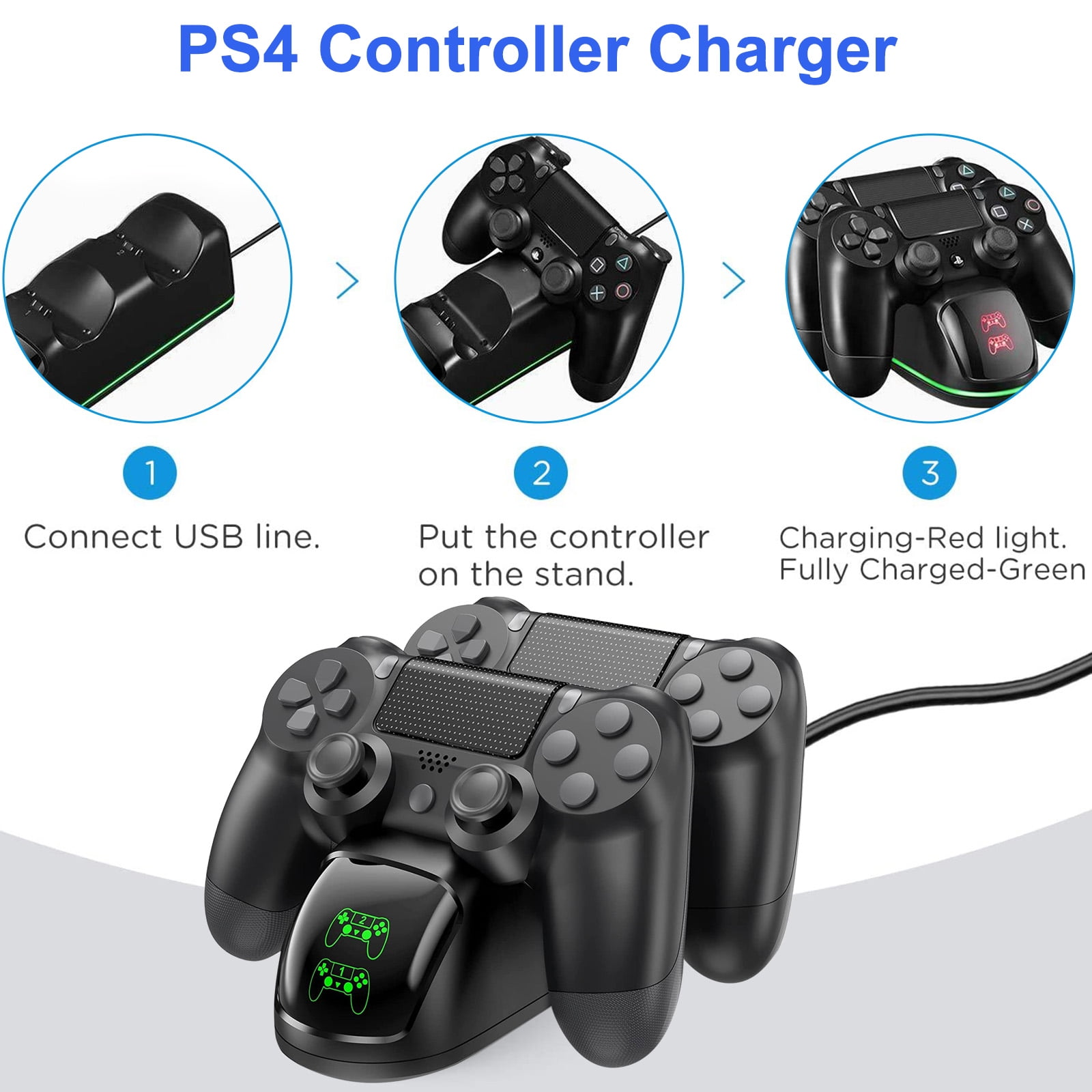 PS4-Controller-Ladegerät mit Controllern und einer Schritt-für-Schritt-Anleitung.