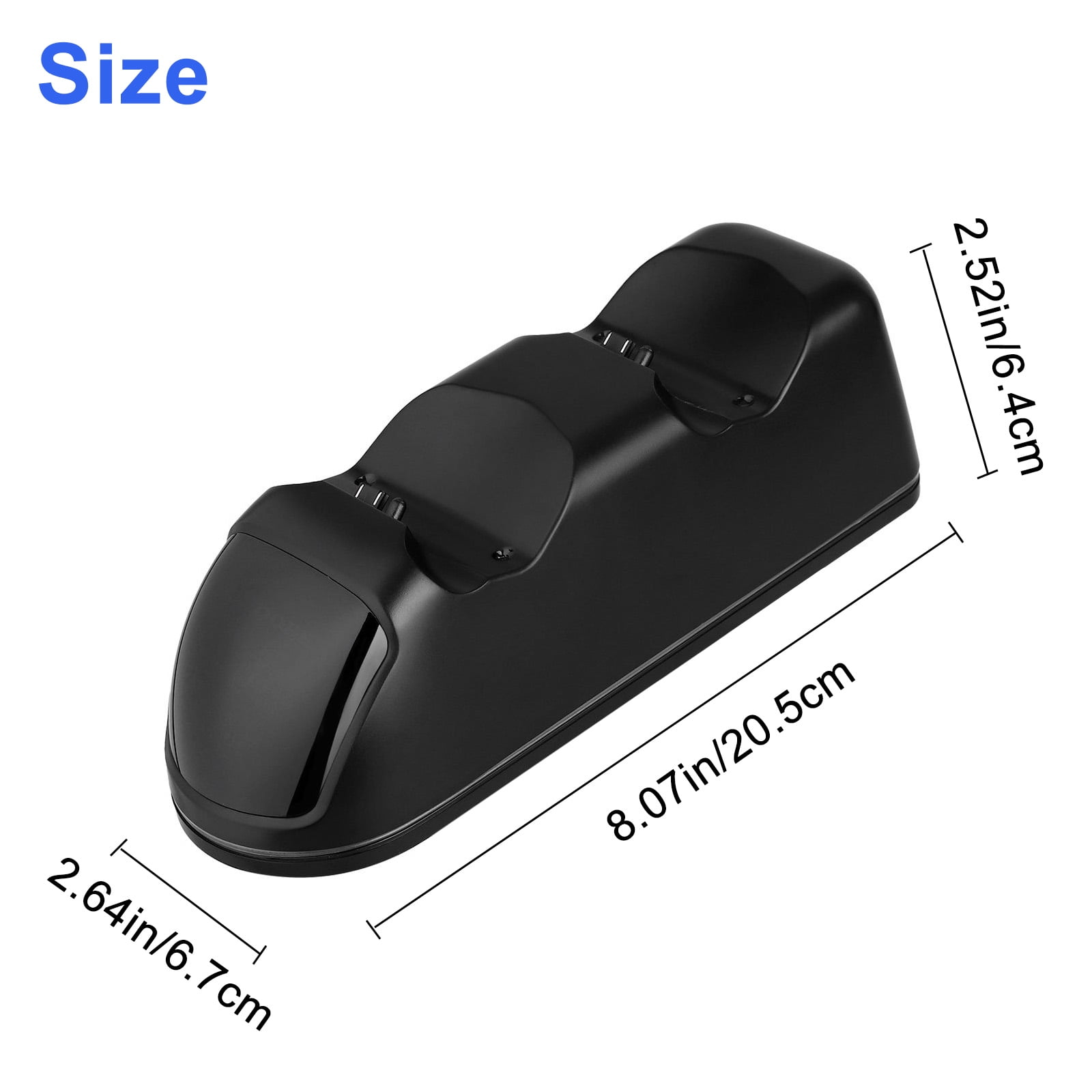 Abmessungen einer schwarzen PS4-Controller-Ladestation, mit Maßen in Zoll und Zentimetern.