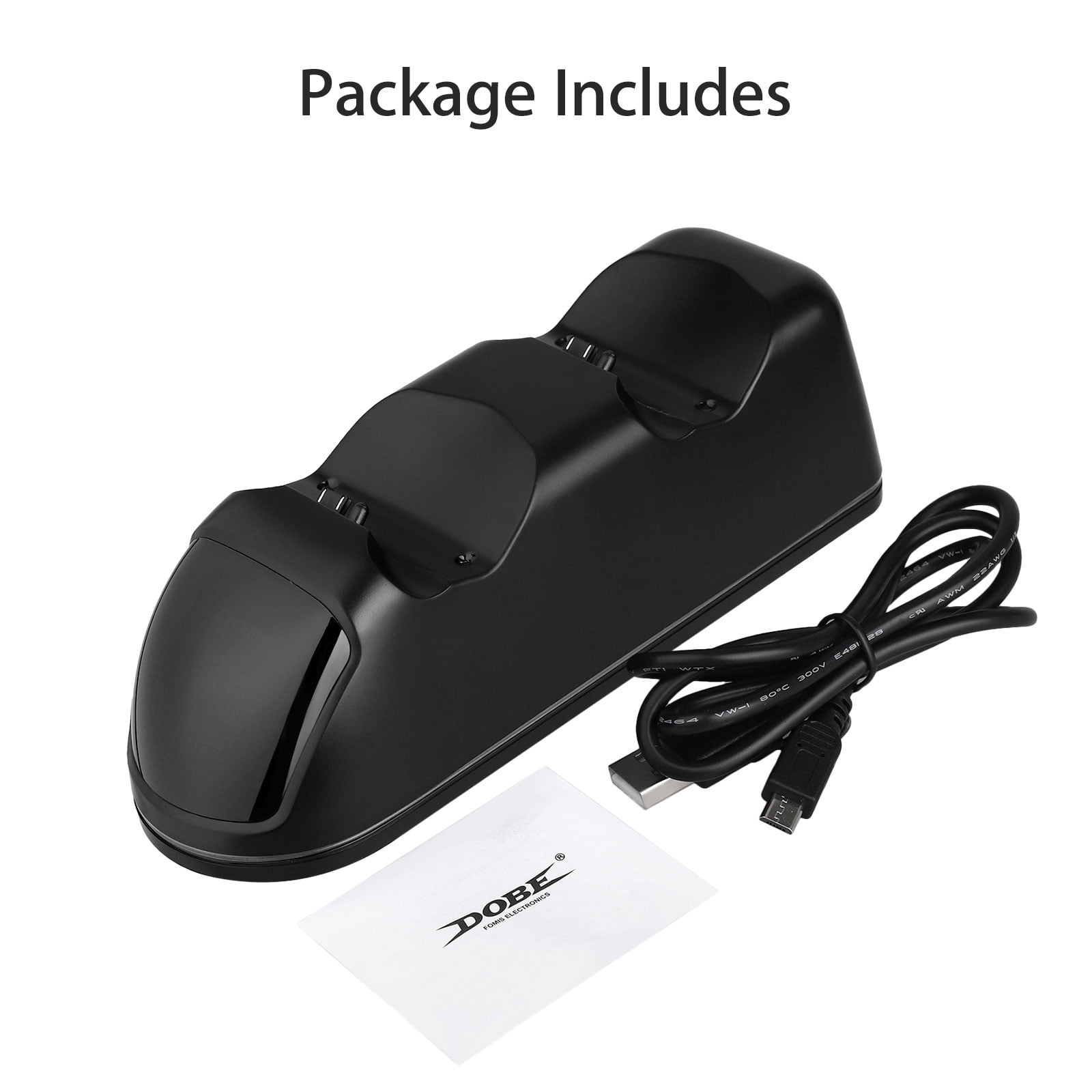 Eine schwarze PS4-Controller-Ladestation mit mitgeliefertem USB-Kabel und einer kleinen Bedienungsanleitung.
