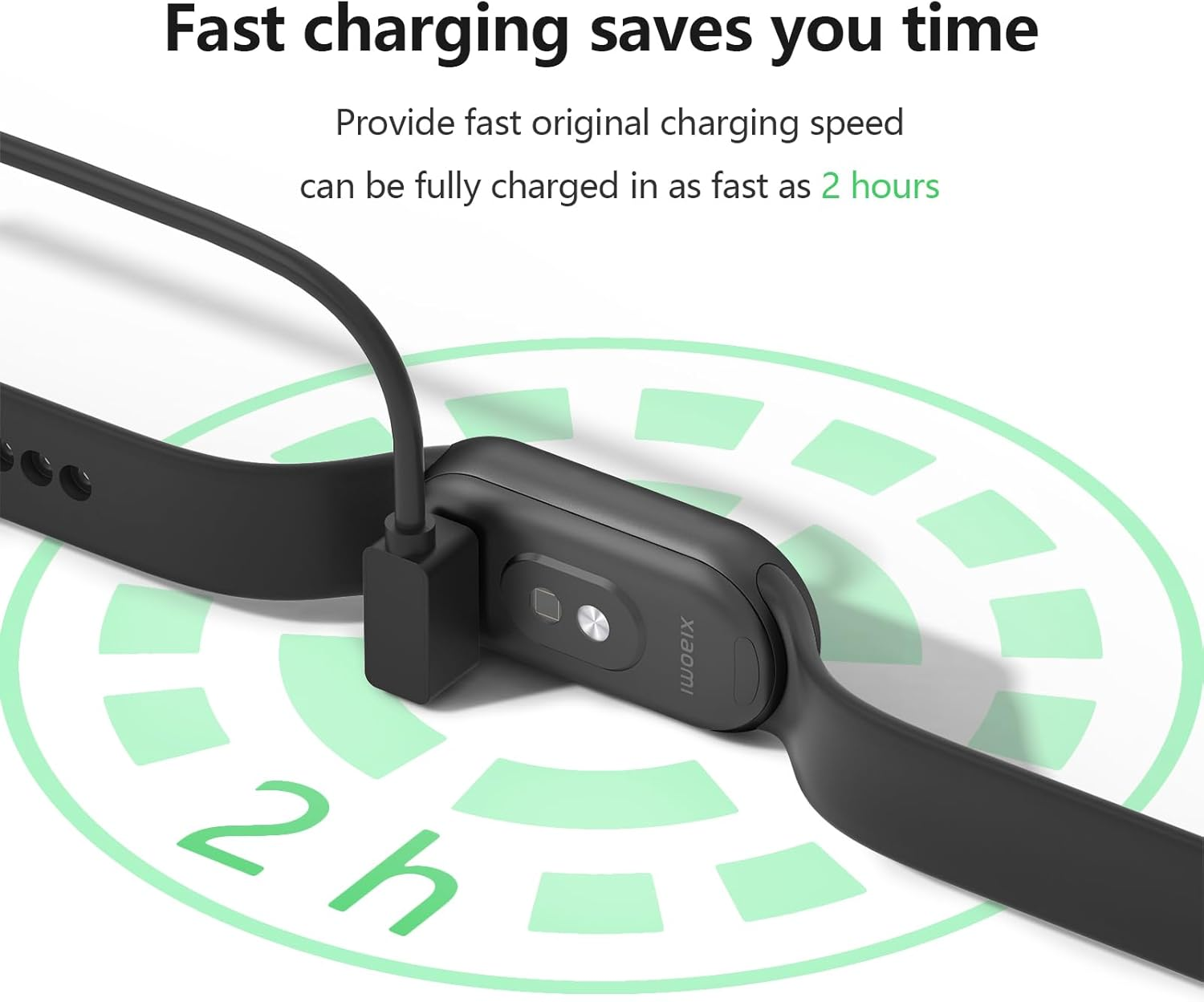 Eine schwarze Smartwatch wird geladen. Ein Ladekabel ist angeschlossen. Der Bildschirm zeigt Zeit und Akku.