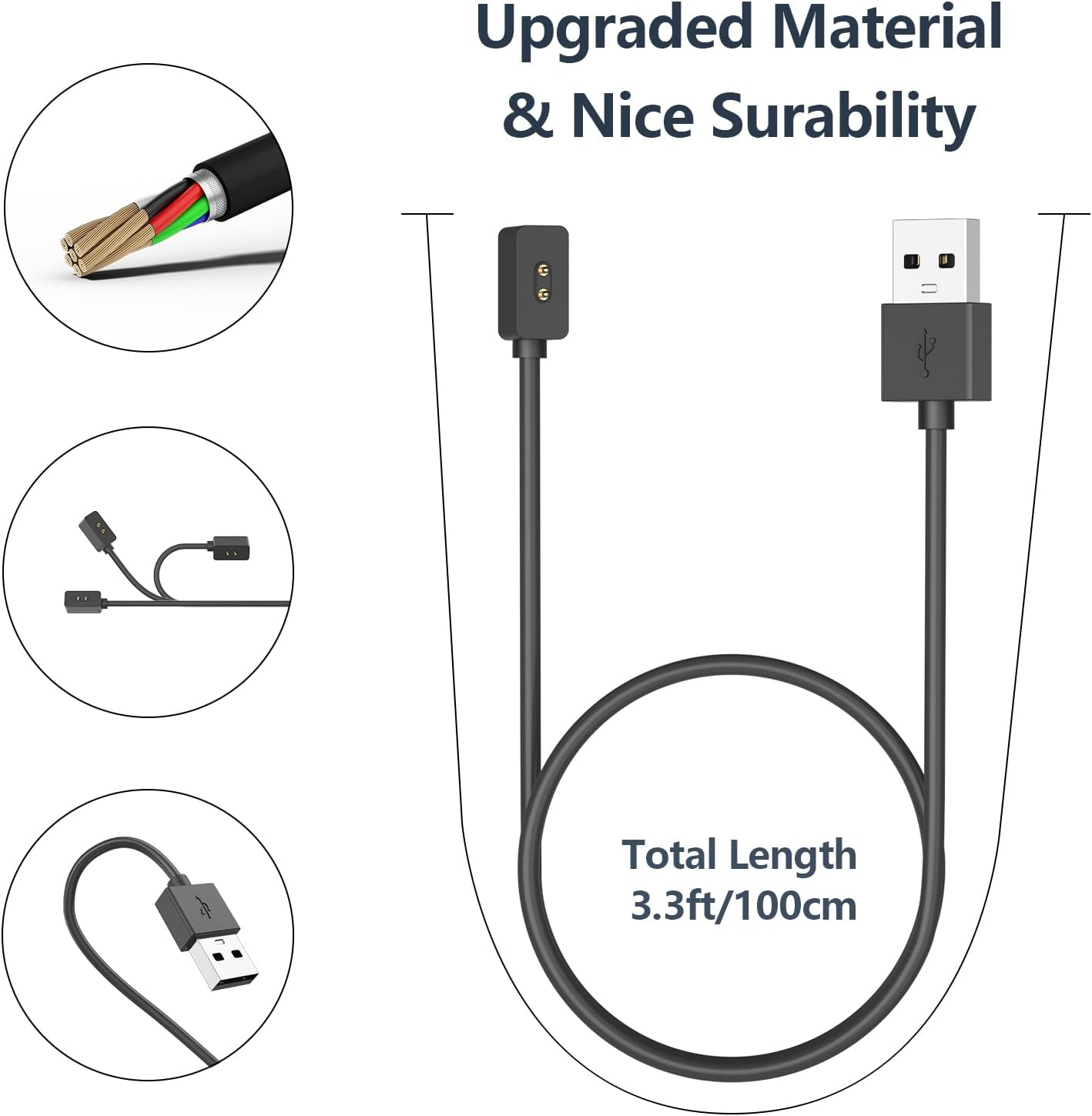 Schwarzes USB-Kabel mit mehreren Anschlüssen, das die internen Drähte und einen USB-Stecker zeigt.