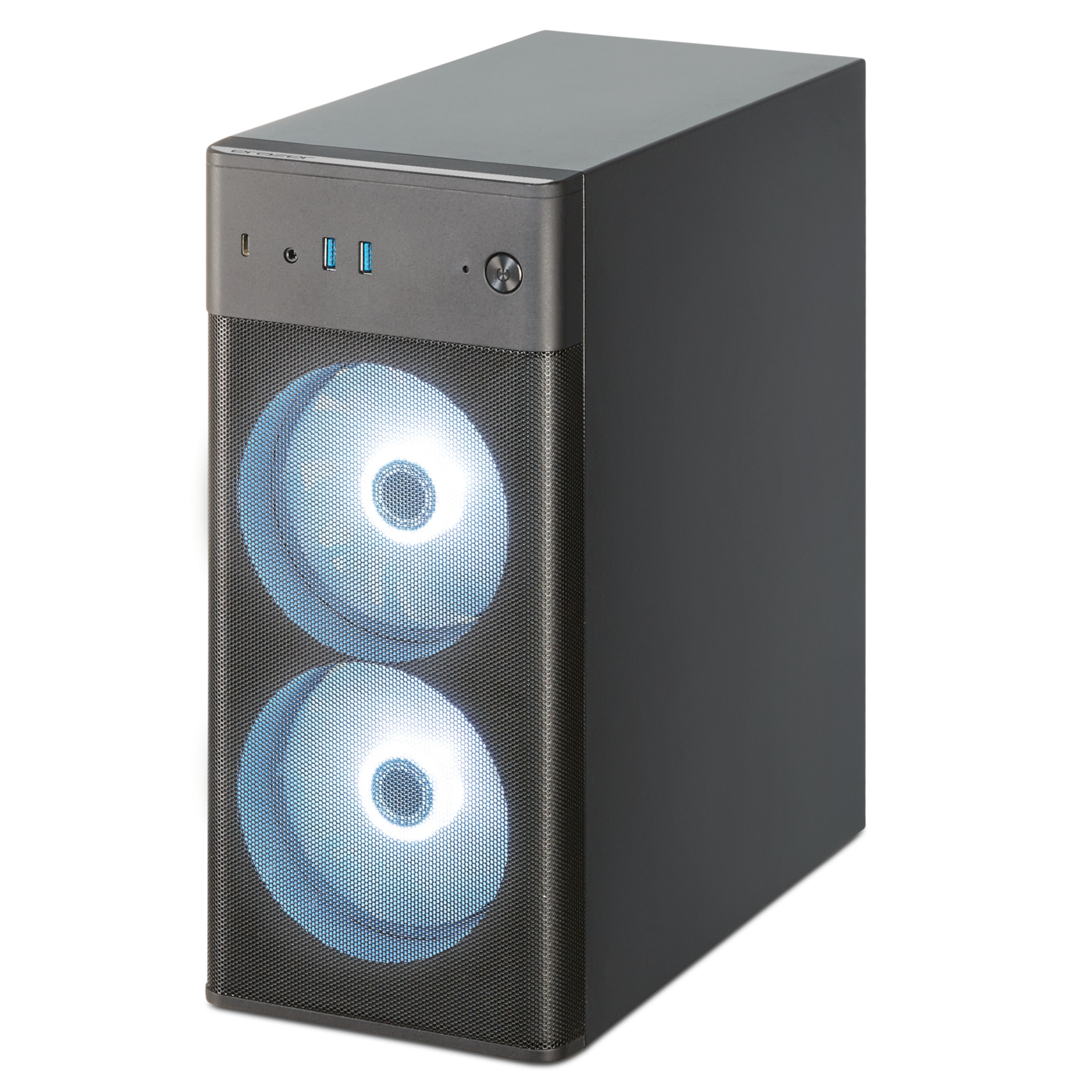 Czarna obudowa komputera z dwoma białymi, świecącymi wentylatorami. Obudowa na białym tle.