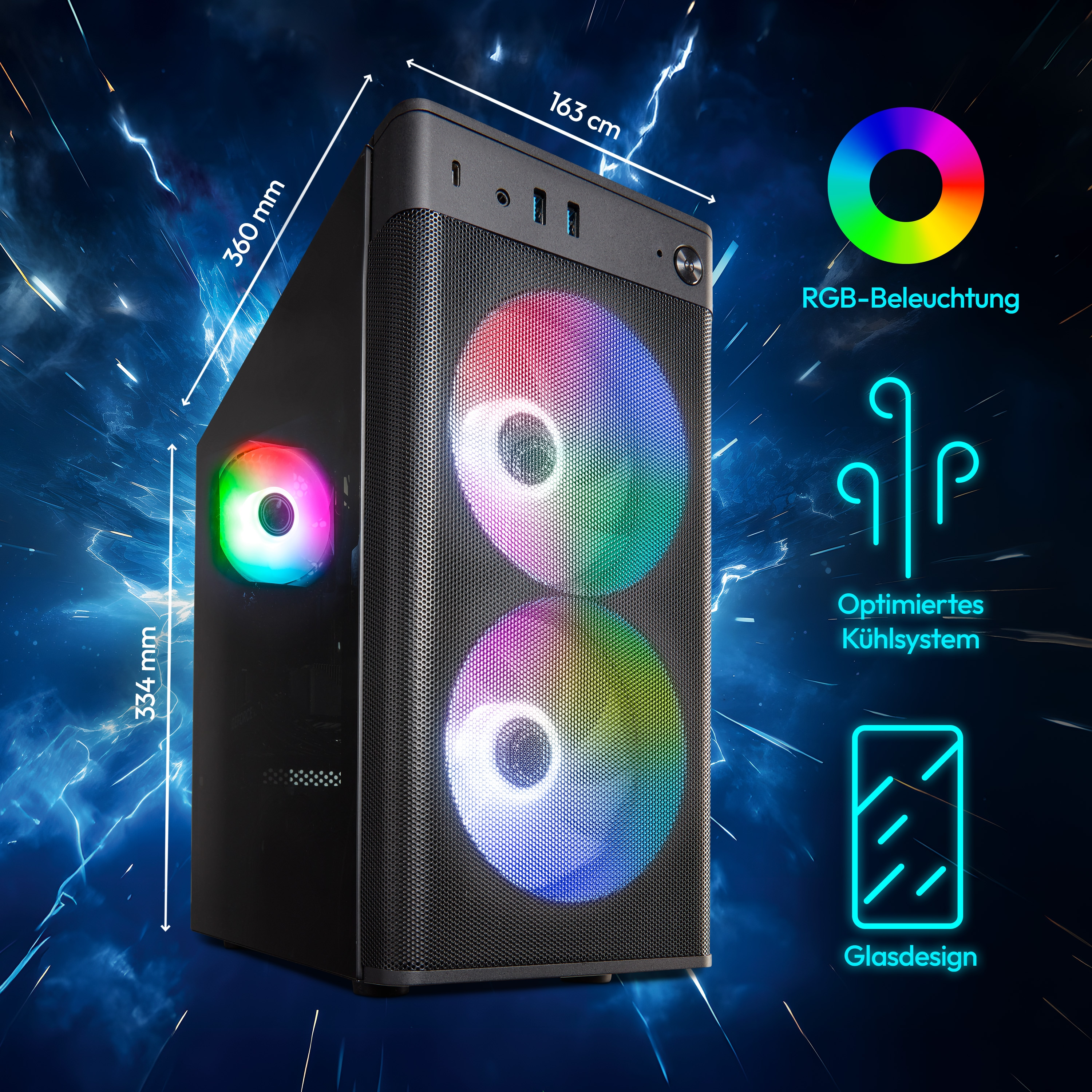 Czarna obudowa komputera z wentylatorami RGB i wymiarami zaznaczonymi z boku. Niebieskie tło.