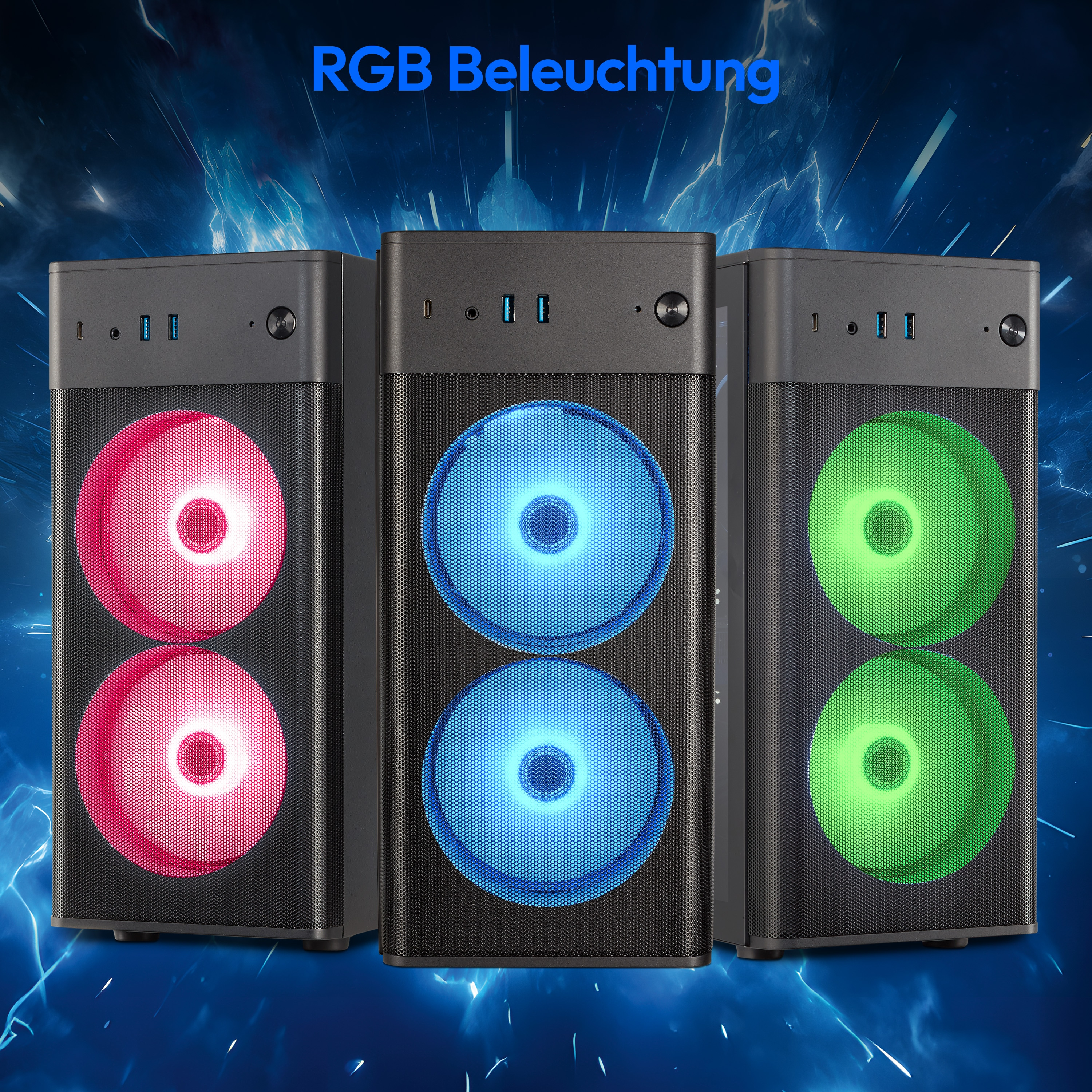 Trzy czarne obudowy komputerowe z kolorowymi wentylatorami LED. Środkowa ma niebieskie, a pozostałe czerwone i zielone wentylatory.