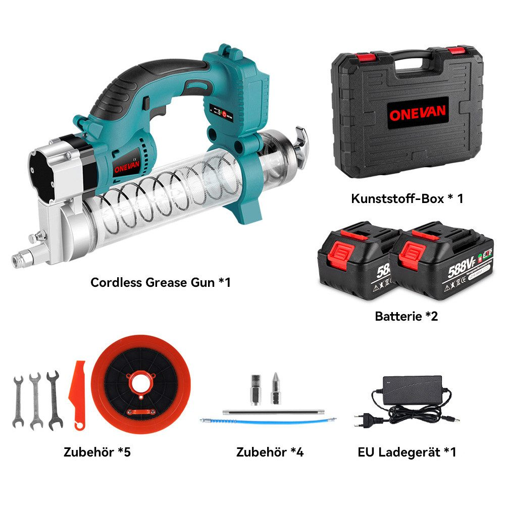 Eine Akku-Fettpresse, Batterien, ein schwarzer Koffer, Schraubenschlüssel und Zubehör auf weißem Hintergrund.