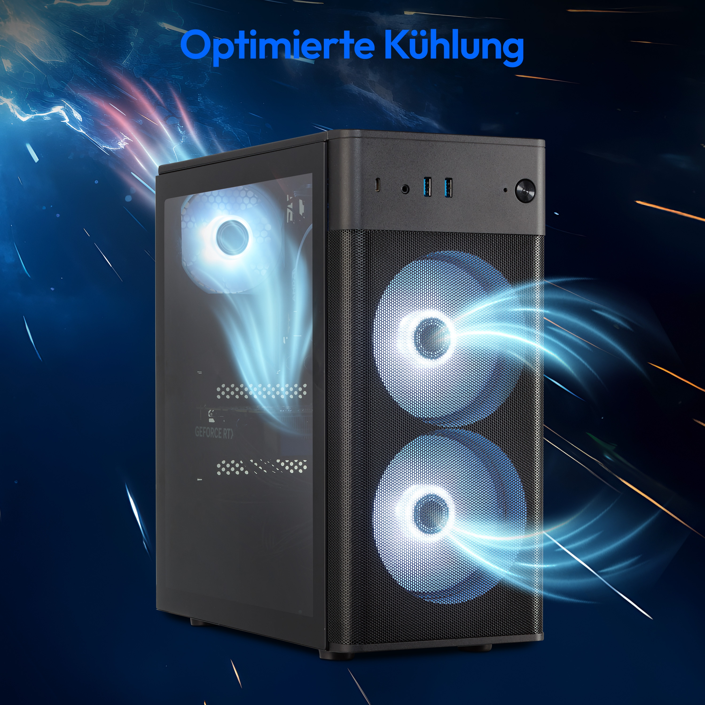 Czarna obudowa komputera ze świecącym panelem przednim, wentylatorami i efektami świetlnymi.