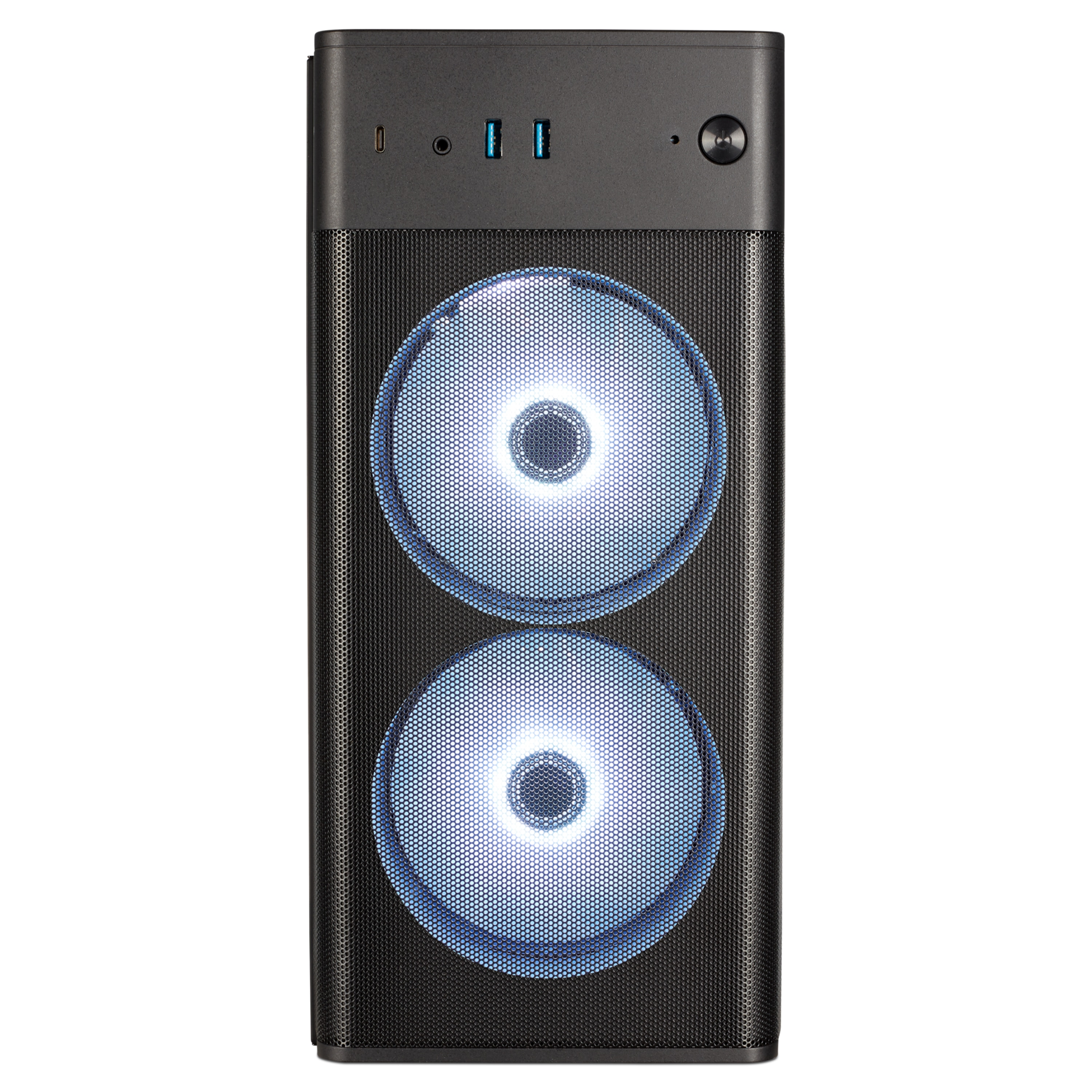 Czarna obudowa komputera z podświetlanymi niebieskimi wentylatorami, portami i przyciskiem zasilania z przodu.