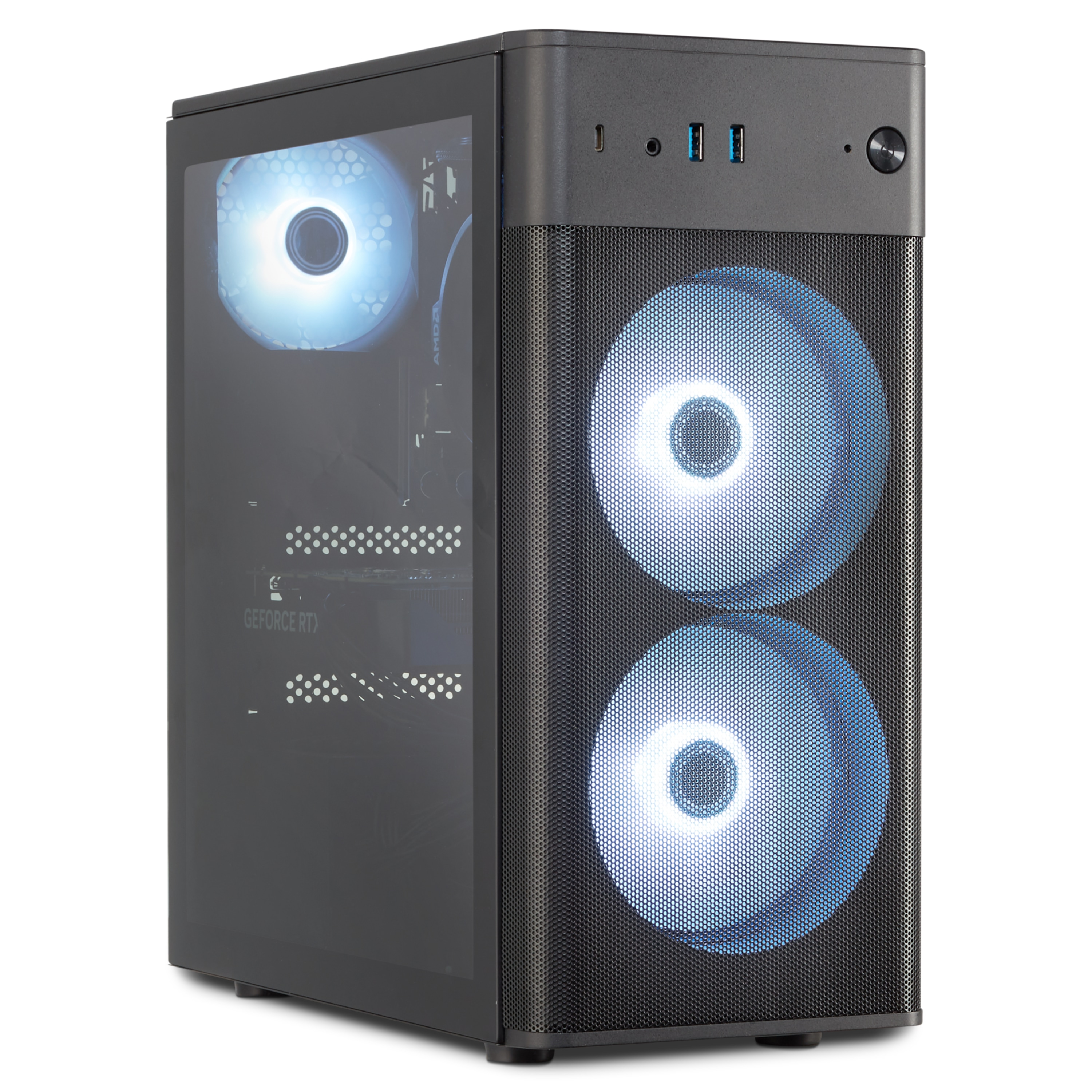 Czarna obudowa komputera ze świecącym panelem przednim, wentylatorami i efektami świetlnymi.