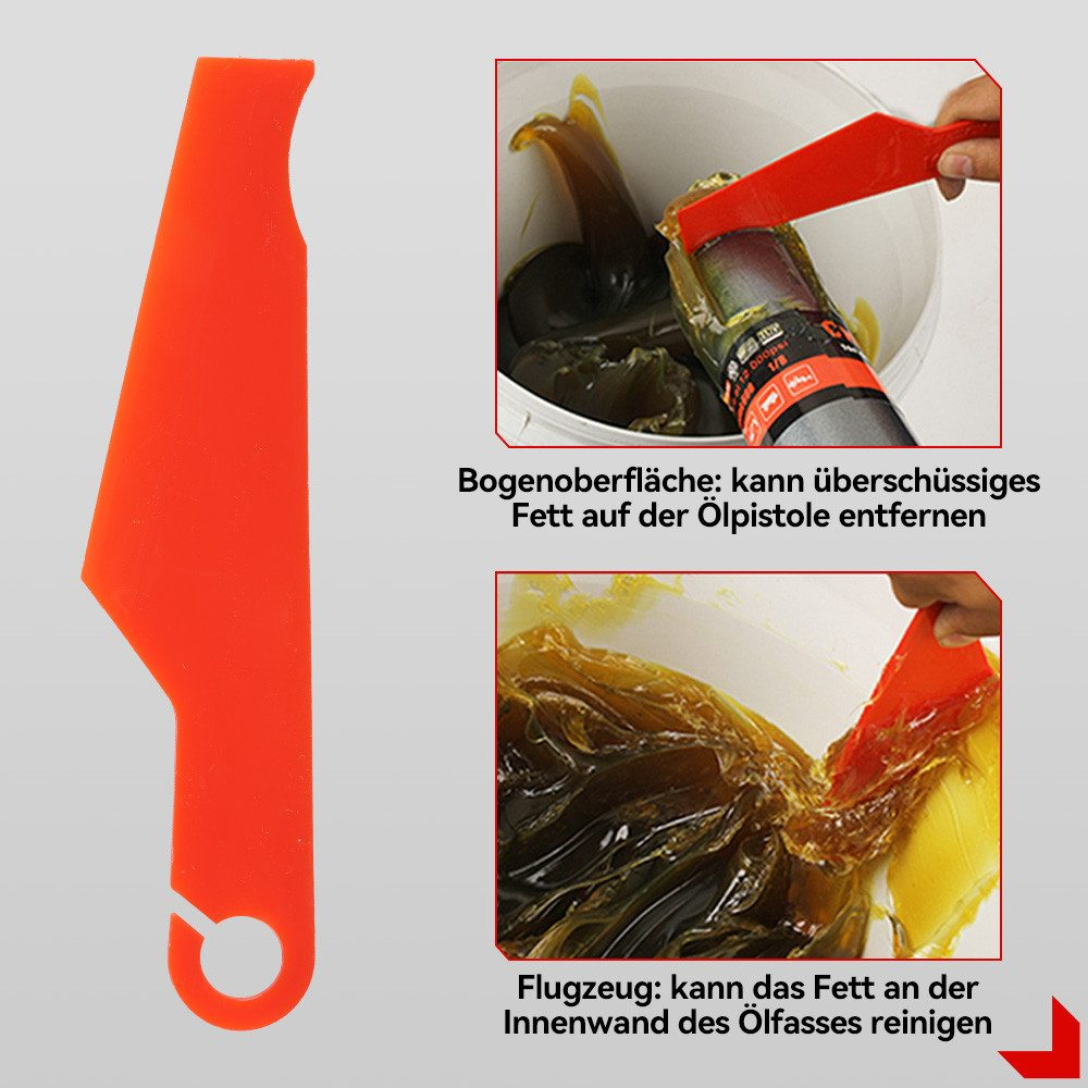 Zwei orange Werkzeuge und ein Eimer mit Fett, demonstrieren die Fettentfernung.