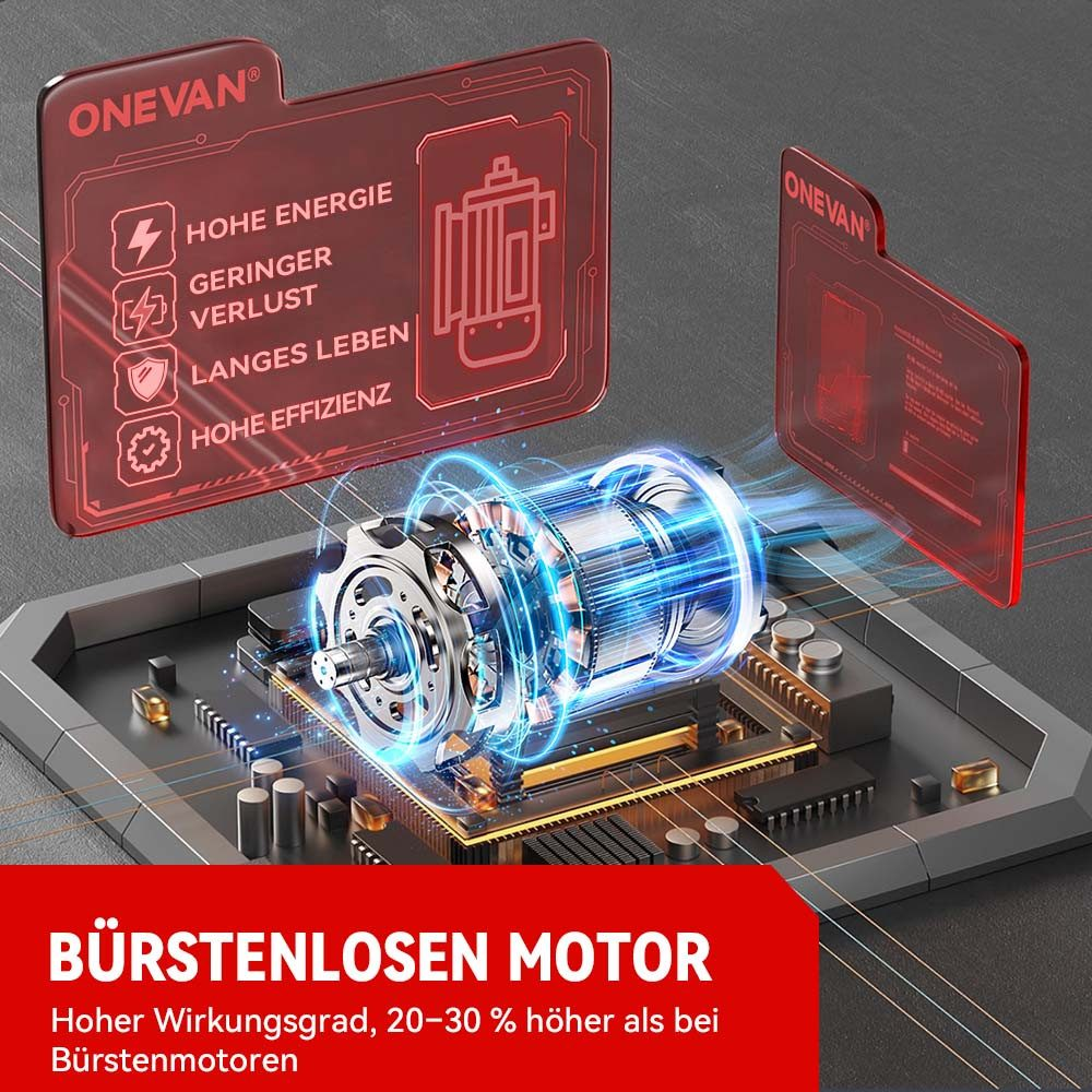 Nahaufnahme eines Motors mit einer Leiterplatte. Text: 'Bürstenloser Motor', 'Hohe Effizienz', 'Lange Lebensdauer'.