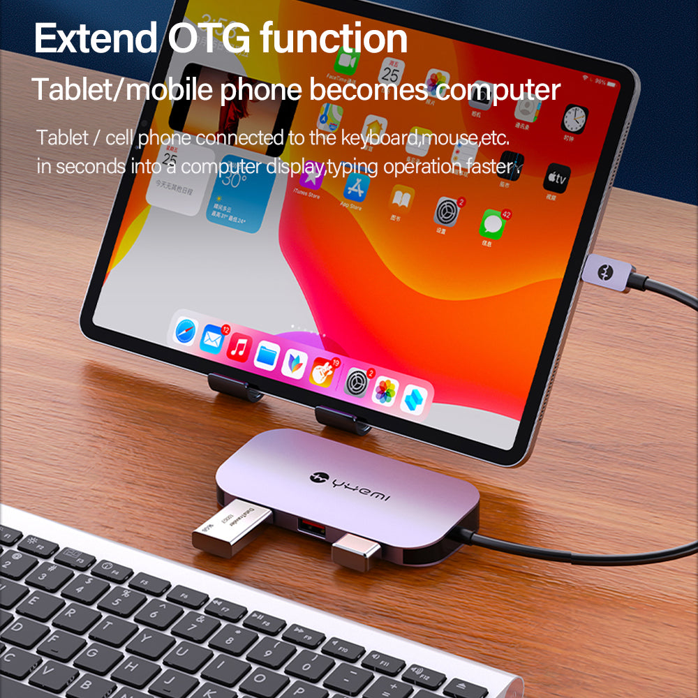 Tablet mit USB-C-Dockingstation, Tastatur und Maus verbunden. Text: 'OTG-Funktion erweitern', 'Tablet wird zum Computer'.