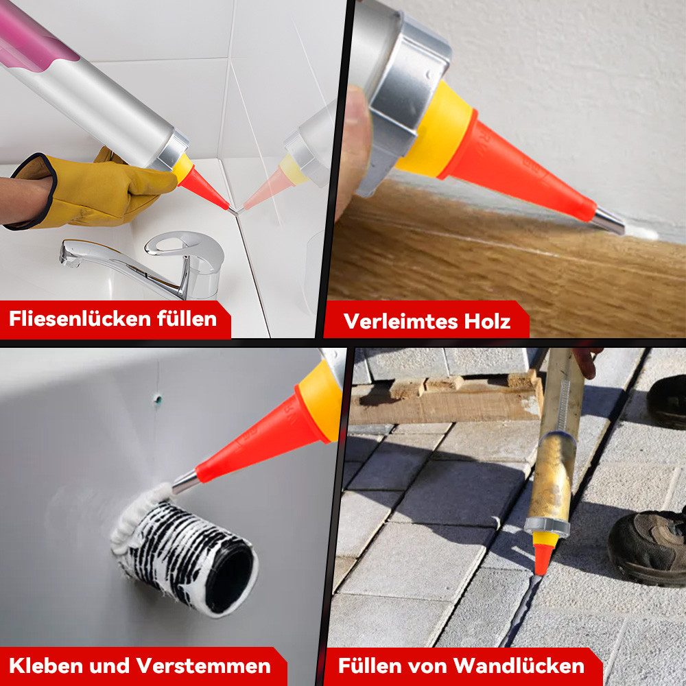 Vier Bilder, die das Auftragen von Dichtmittel auf Fliesen, Holz und andere Oberflächen zeigen. Text: 'Fliesenlücken füllen', 'Holz verleimen'.