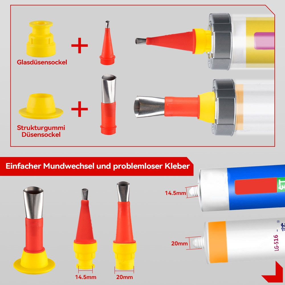 Werkzeuge zum Auftragen von Dichtmittel, mit Düsen und Zubehör in einer weißen und blauen Tube.