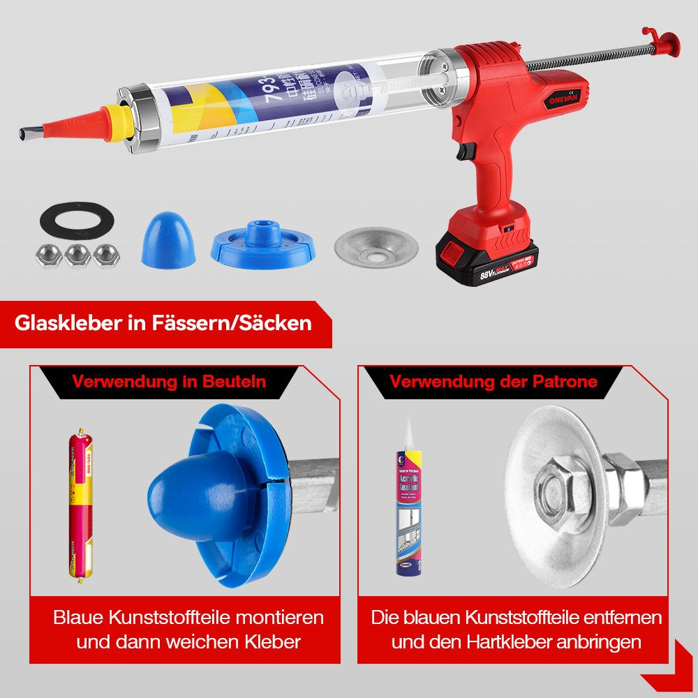 Rote Klebepistole mit Zubehör. Anweisungen zur Verwendung des Klebers in Beuteln und Kartuschen.