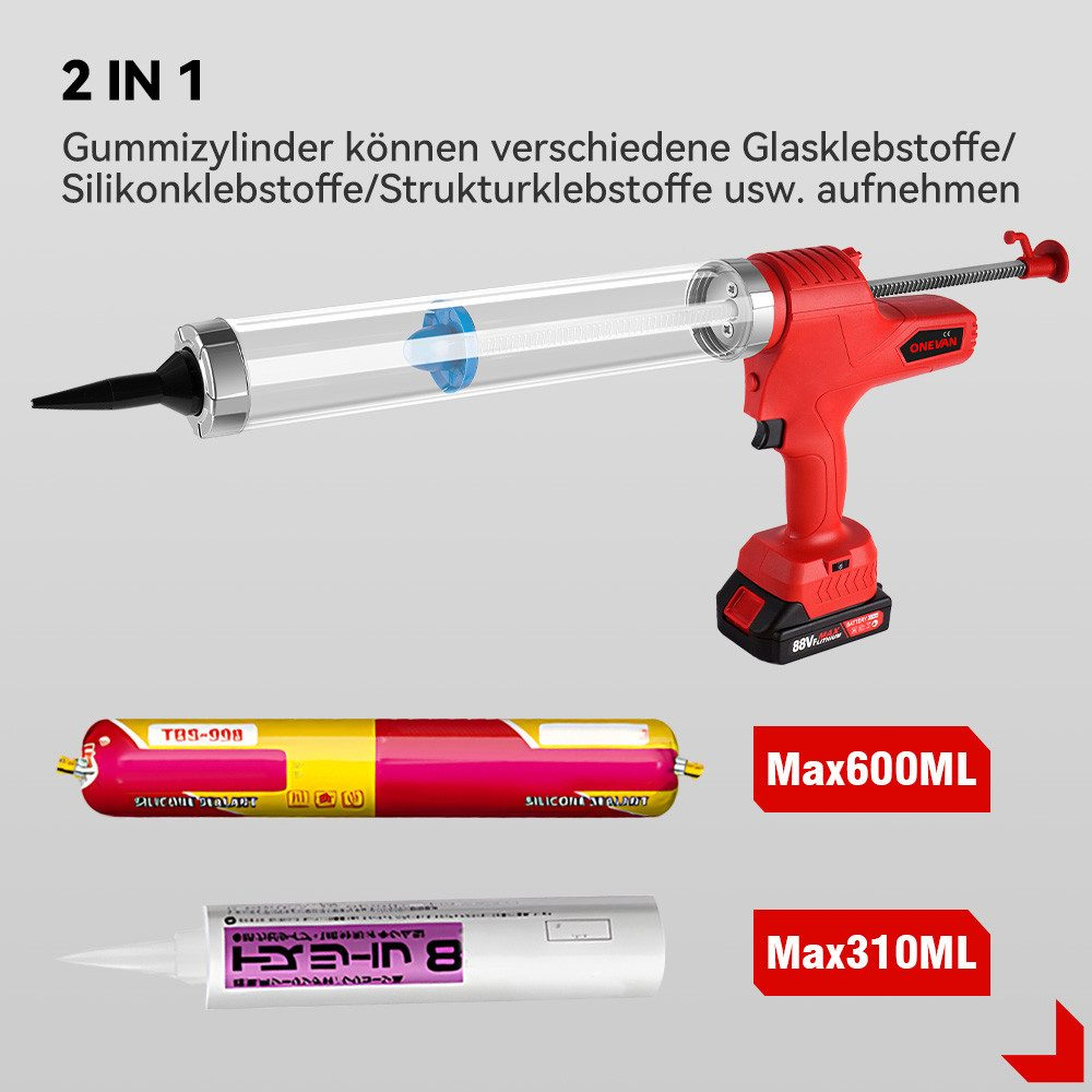 Rote und schwarze Dichtstoffpistole mit zwei Kartuschen. Text: '2 in 1', 'Max600ml', 'Max310ml'.