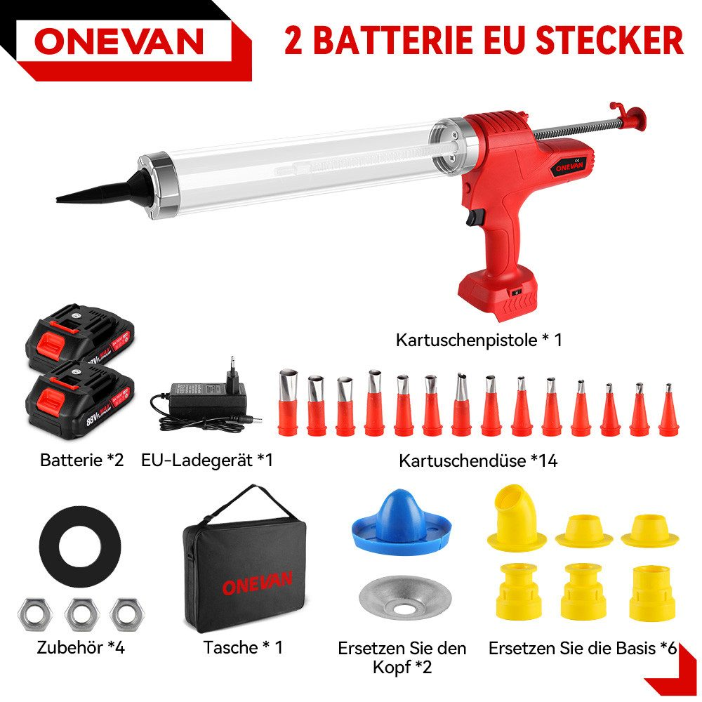 Onevan-Kleberpistolen-Set mit Zubehör, einschließlich Batterien, Ladegerät und verschiedenen Düsen.
