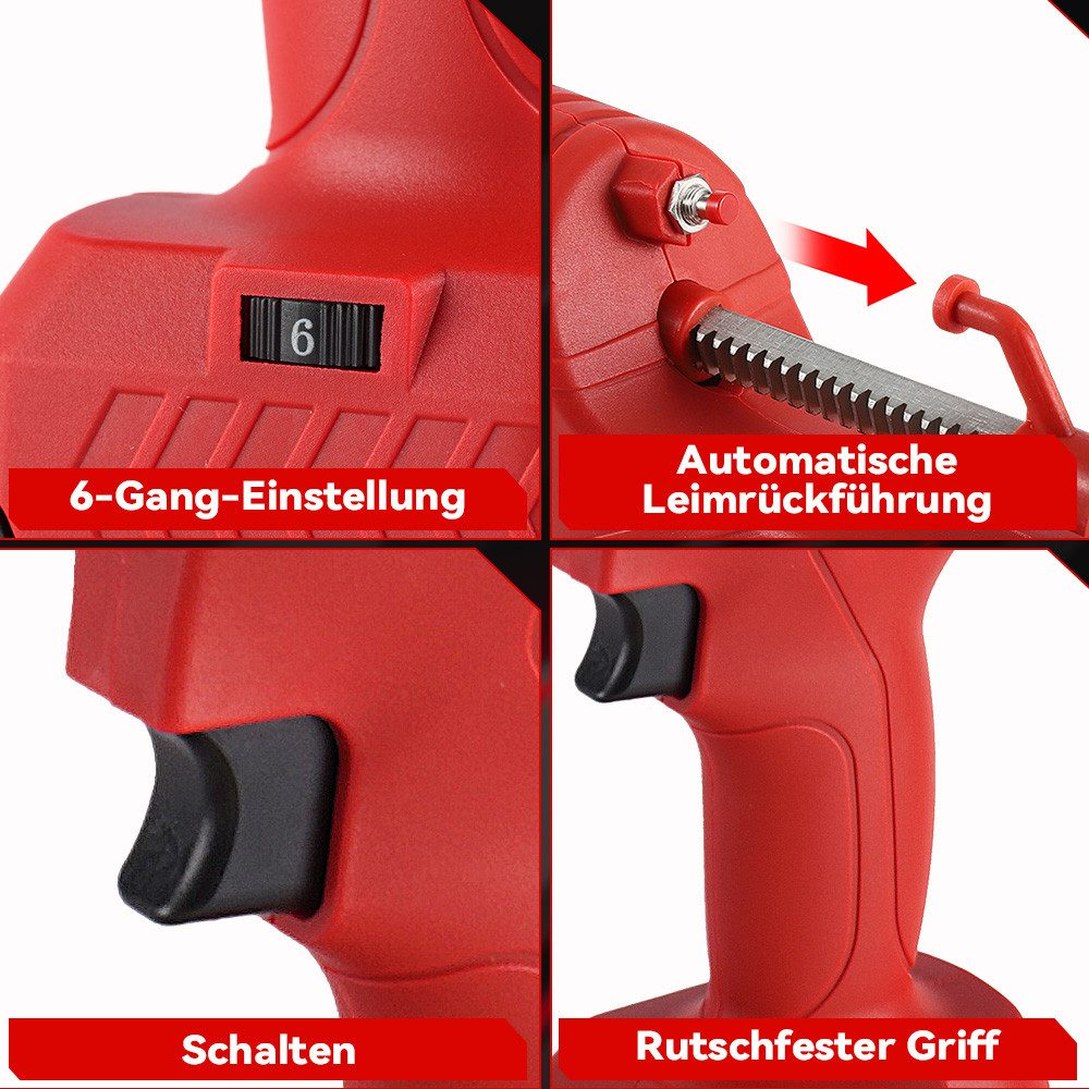 Nahaufnahme einer roten Klebepistole mit Einstellungen, Abzug und rutschfestem Griff.
