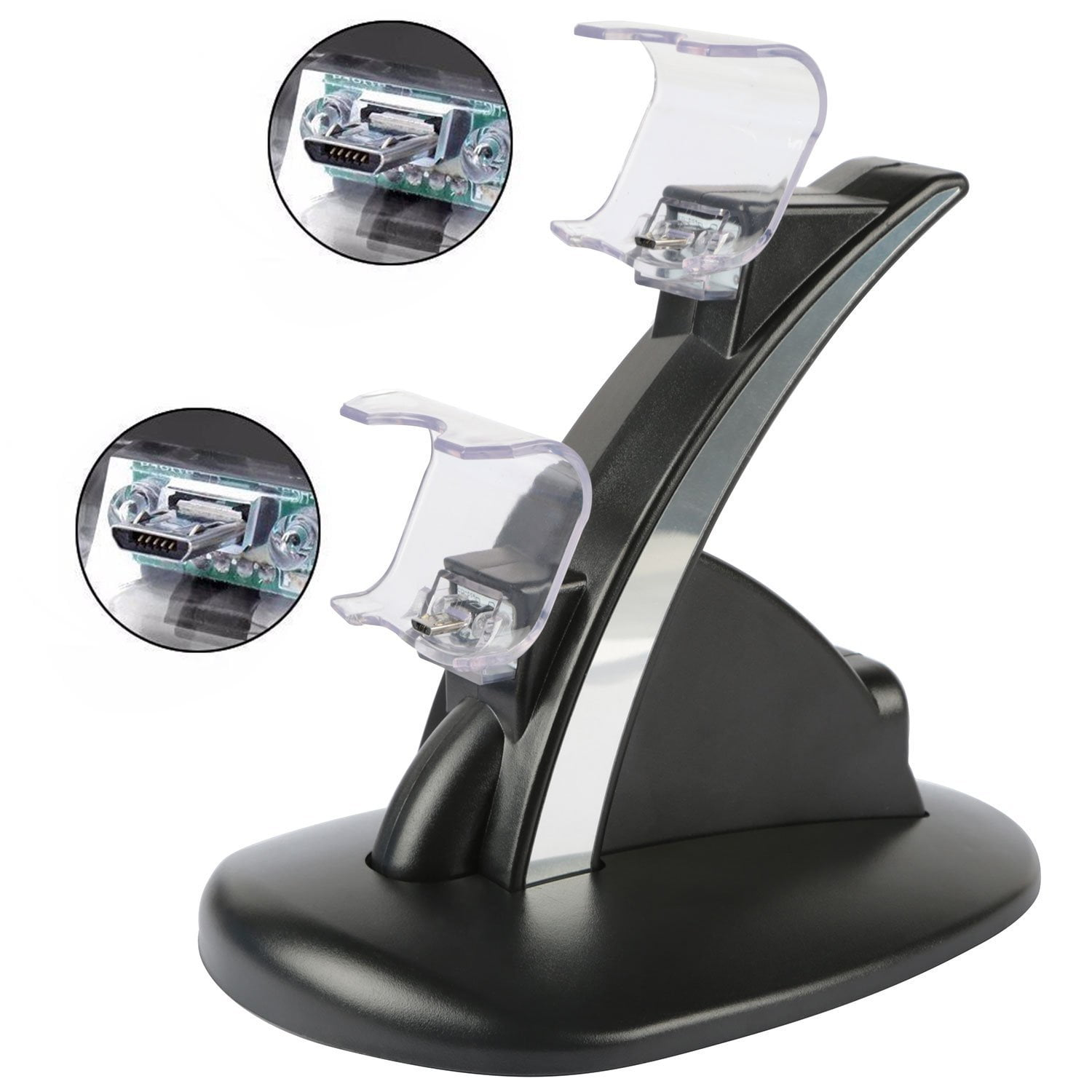 Schwarze Ladestation für zwei Controller mit blau leuchtenden Lichtern. Nahaufnahme der USB-Anschlüsse.