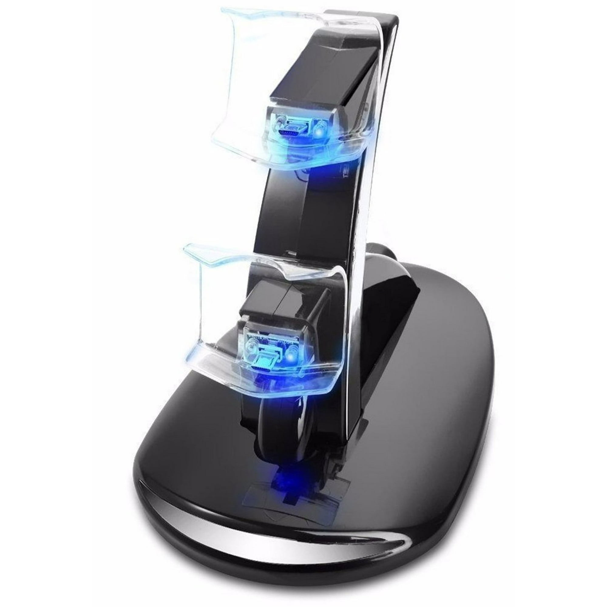 Schwarze Ladestation für Controller mit blauen Lichtern. Schräge Ansicht.