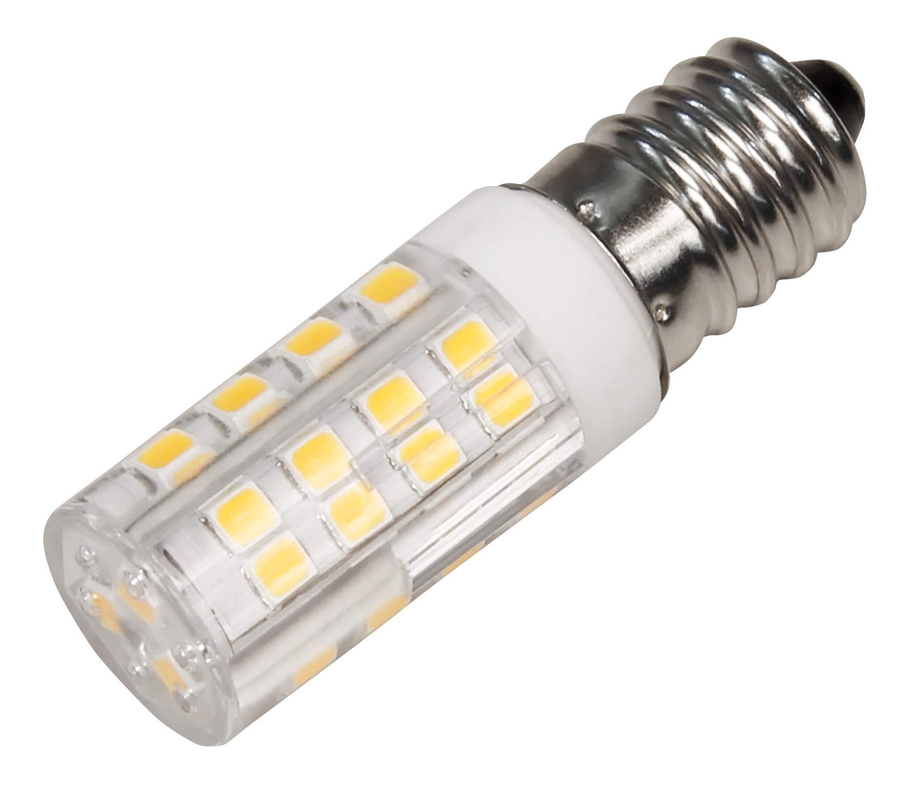 LED-Glühbirne mit transparentem Kunststoff, Metallsockel und sichtbaren gelben LEDs.
