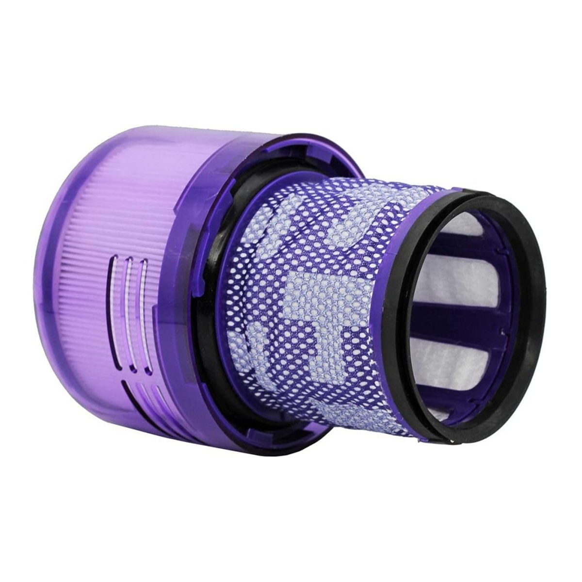 Ein lila Staubsaugerfilter. Der Filter hat eine durchsichtige lila Außenschale und einen weißen Filter.