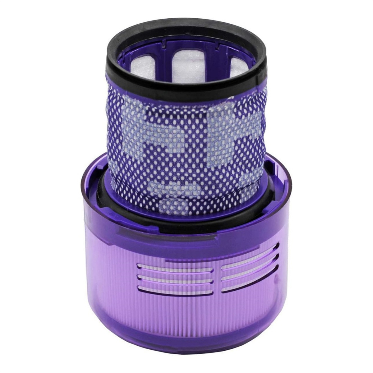 Ein lila Staubsaugerfilter. Der Filter hat eine lila Außenschale und einen weißen Filter.