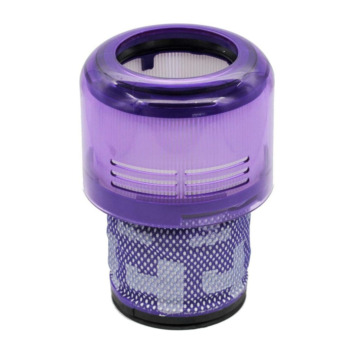 Ein violetter Staubsaugerfilter. Er hat einen transparenten Deckel und eine gemusterte Basis.