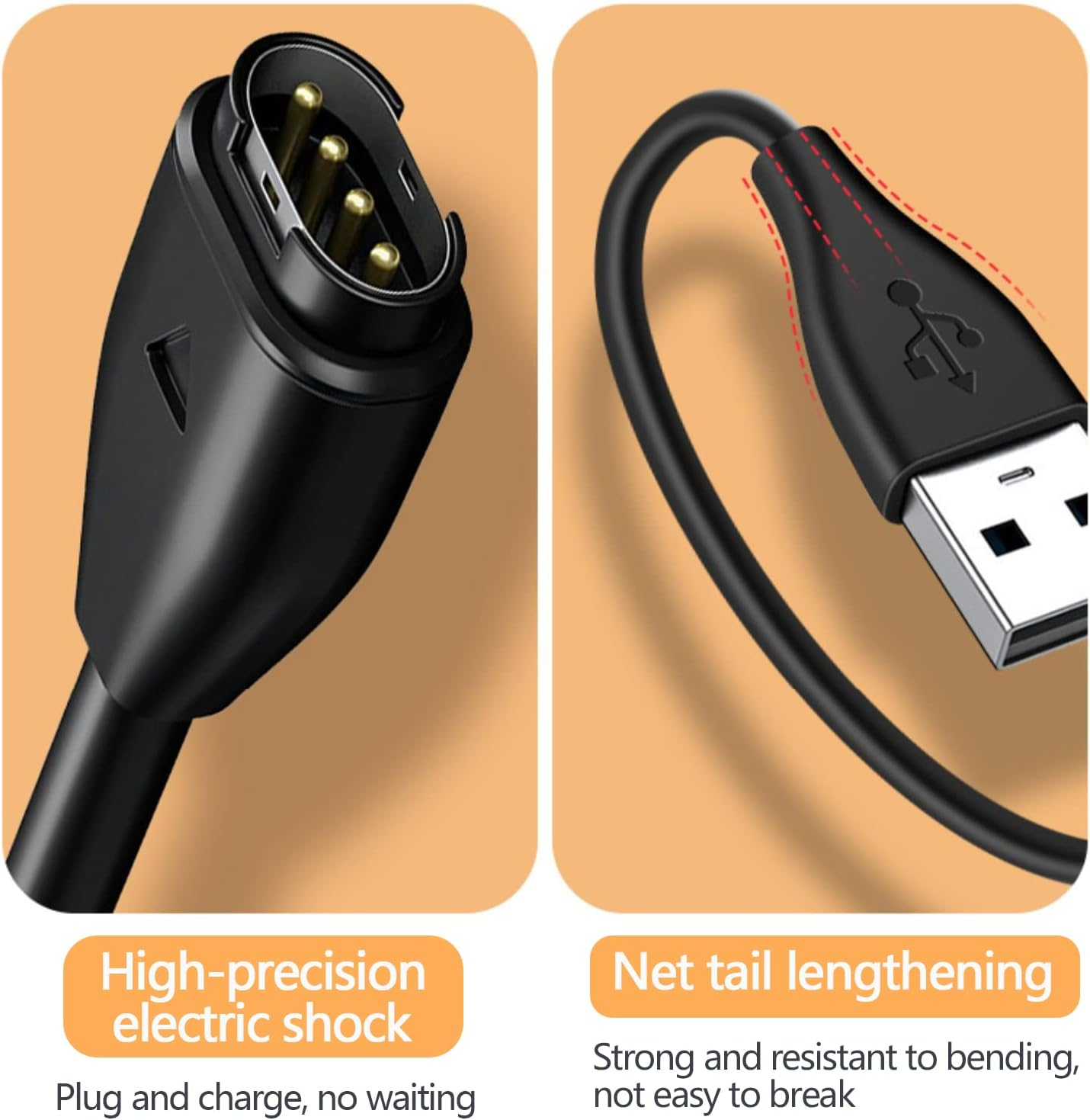 Nahaufnahmen eines schwarzen Ladekabels. Text: Hochpräziser Elektroschock, Verlängerung des Netzhalses.
