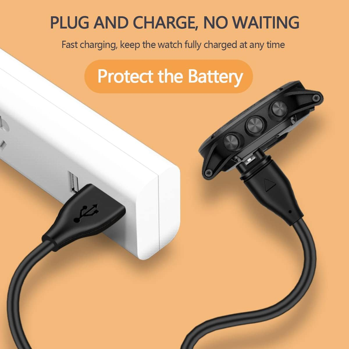 Eine Smartwatch wird an einem weißen Steckerleiste geladen. Die Uhr ist mit einem USB-Kabel verbunden.
